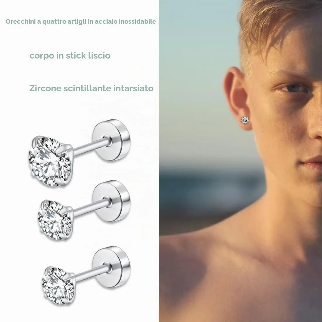 Orecchini Uomo Donna con Zirconia Cubica,4 Paia di Set Orecchini a Bottone in Acciaio al Titanio Anallergici Argento Orecchino per Donna Uomo Ragazza Gioielli Set, 2/3/4/5 mm - immagine 5