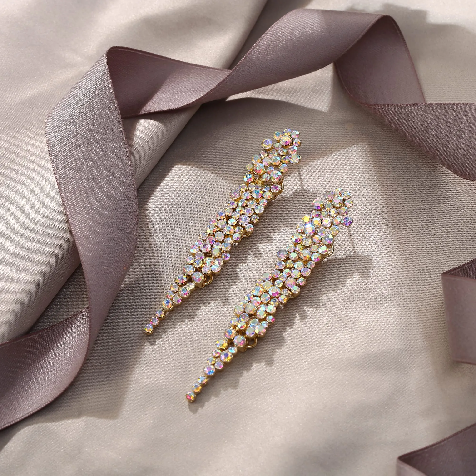 EVER FAITH Matrimonio Strass Cristalli Art Deco Statement Orecchini, Banchetto Prom Long Chandelier Orecchini pendenti per Donna Sposa Iridescente AB Oro-fondo - immagine 4
