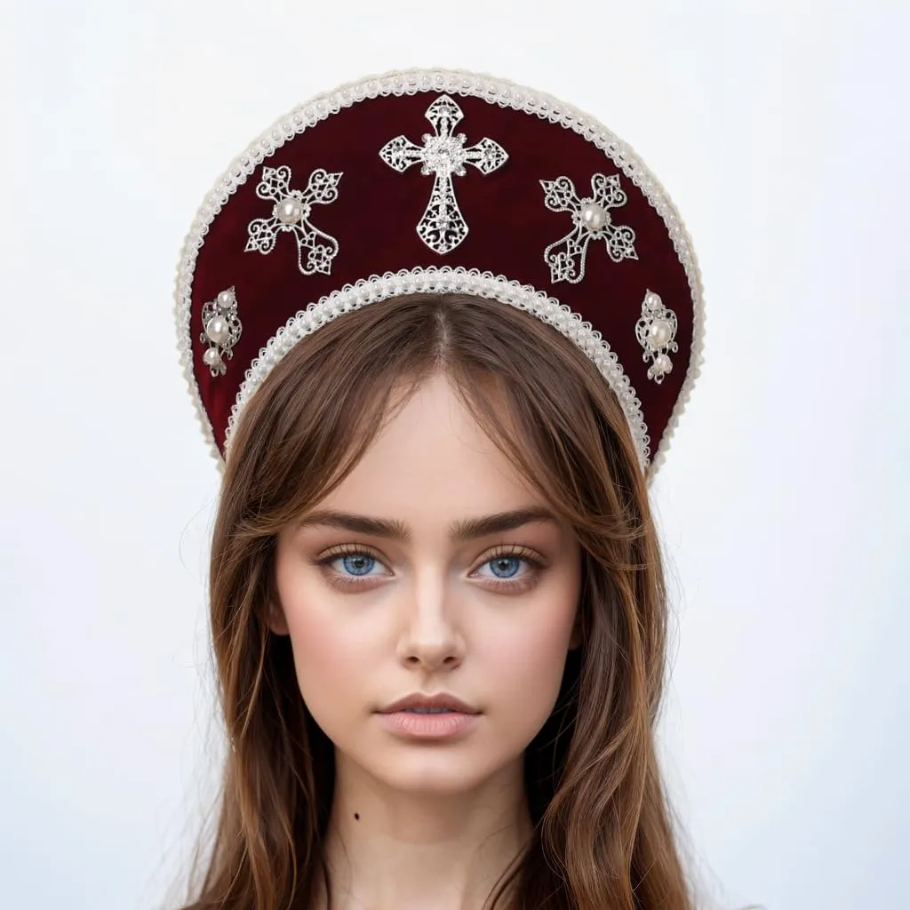 GRACEART Anne Boleyn Cappello Copricapo elisabettiano Copricapo Tudor Coronet Cappello con cuffia (Stile 6 (Rosso scuro)) - immagine 2