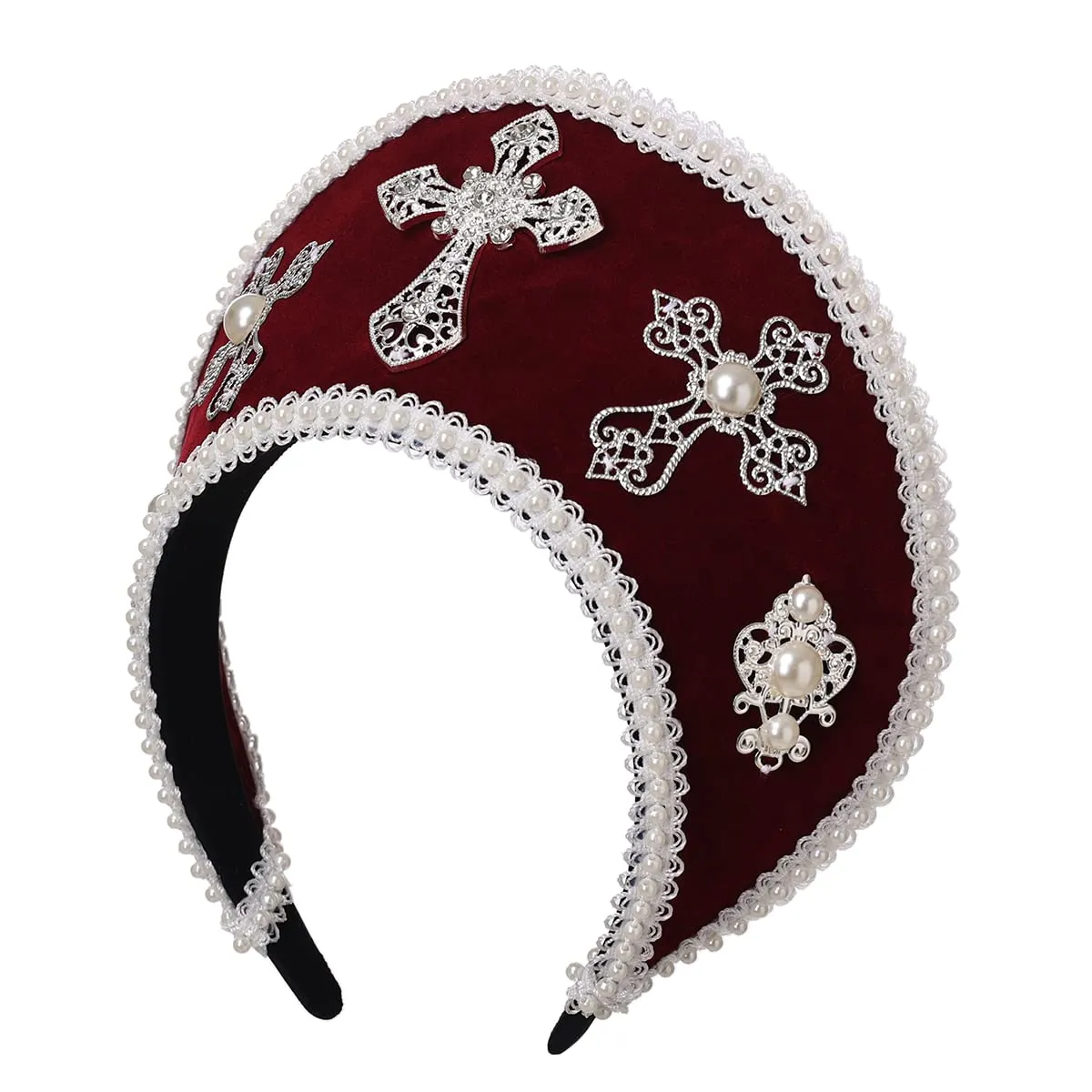 GRACEART Anne Boleyn Cappello Copricapo elisabettiano Copricapo Tudor Coronet Cappello con cuffia (Stile 6 (Rosso scuro)) - immagine 3