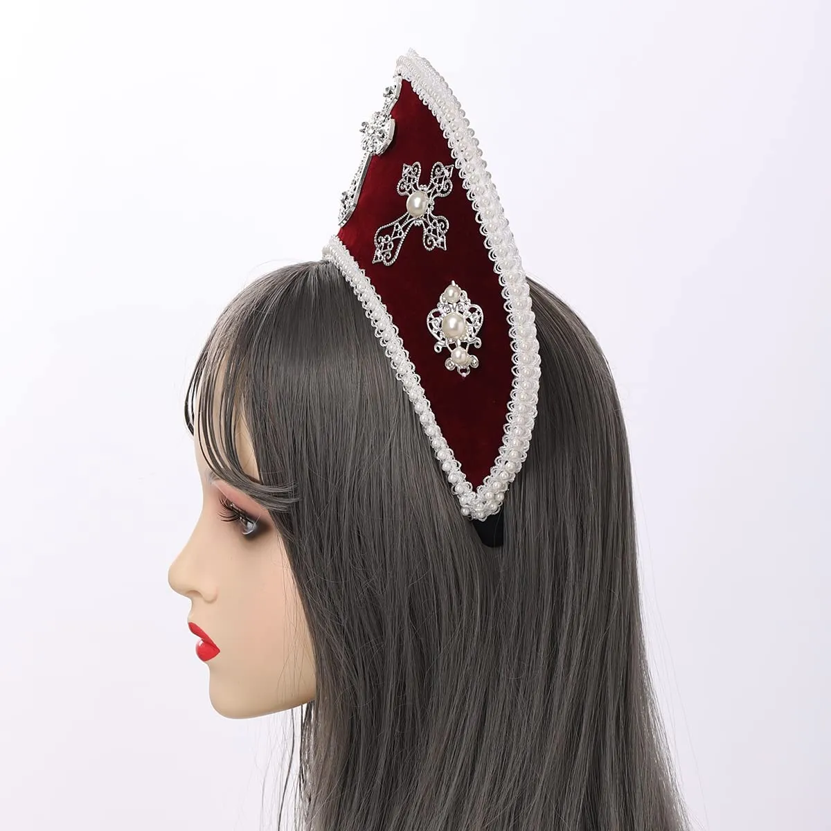 GRACEART Anne Boleyn Cappello Copricapo elisabettiano Copricapo Tudor Coronet Cappello con cuffia (Stile 6 (Rosso scuro)) - immagine 5