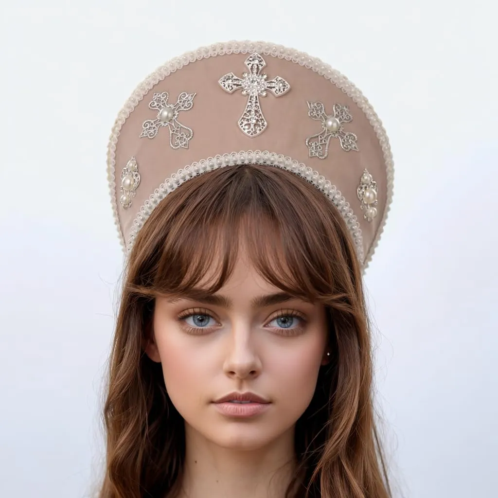 GRACEART Cappello Anne Boleyn Copertura per la testa copricapo elisabettiano Corona Tudor con cappuccio - immagine 2