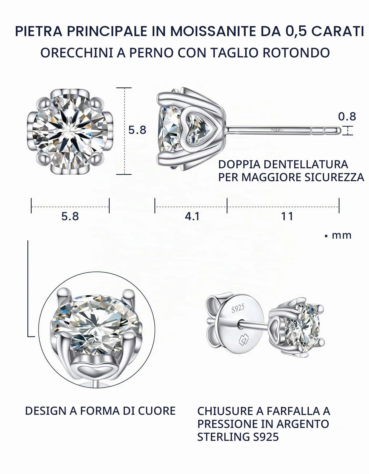 MomentWish Orecchini Moissanite Punto Luce Argento 925 6,5mm Uomo Donna - immagine 6