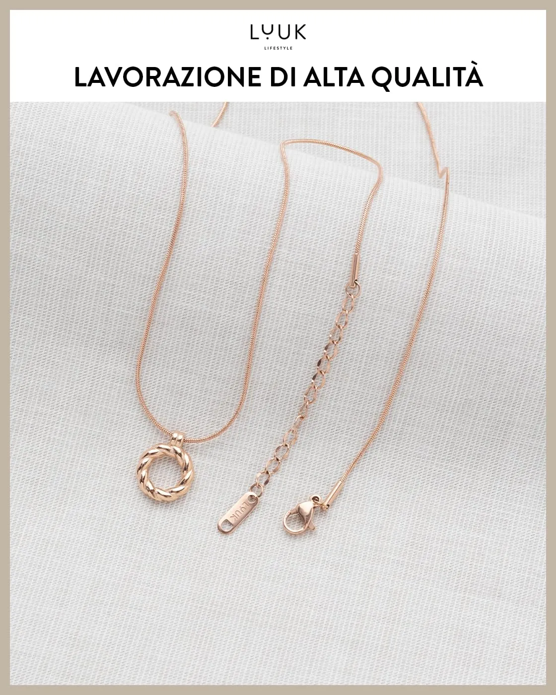 LUUK LIFESTYLE Collana da donna in acciaio inossidabile con ciondolo ad anello, dedica HAPPINESS, gioielli minimal, oro rosa - immagine 3