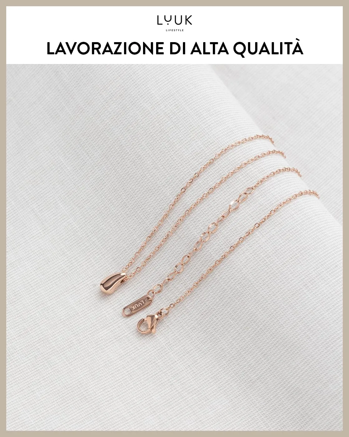 LUUK LIFESTYLE collana da donna in acciaio inossidabile con lacrima I Teardrop in stile boho minimalista, lunghezza regolabile, oro rosa - immagine 4