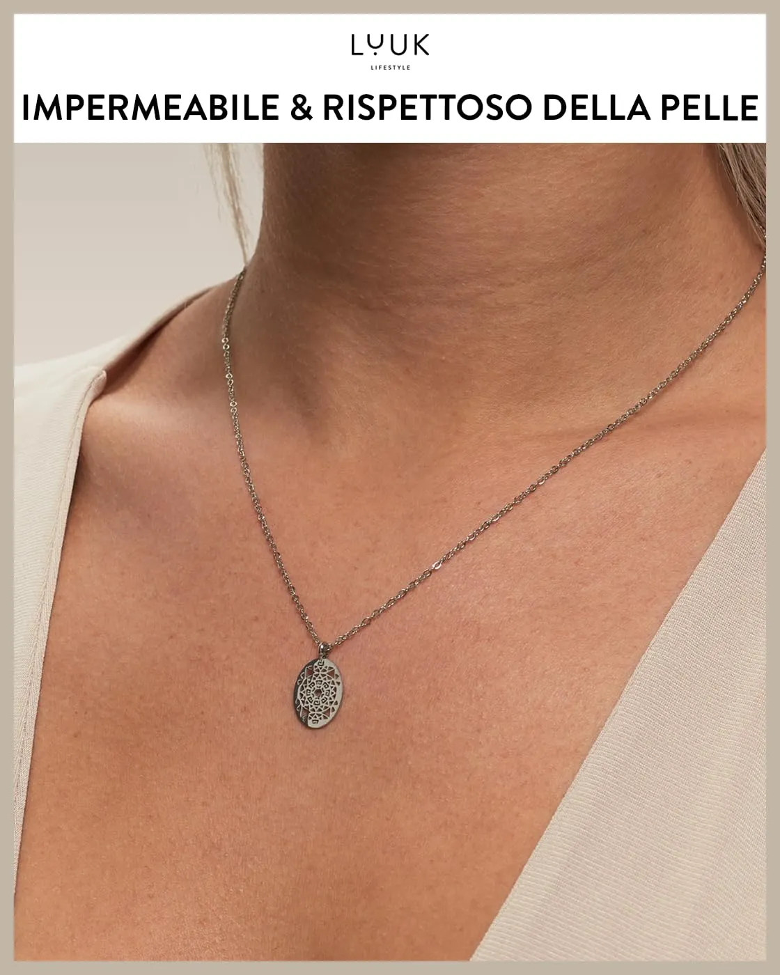 LUUK LIFESTYLE Collana femminile dal design boho per lei, ciondolo ovale con segno Inca, motivo geometrico astratto a mandala, 50 cm, argento - immagine 3