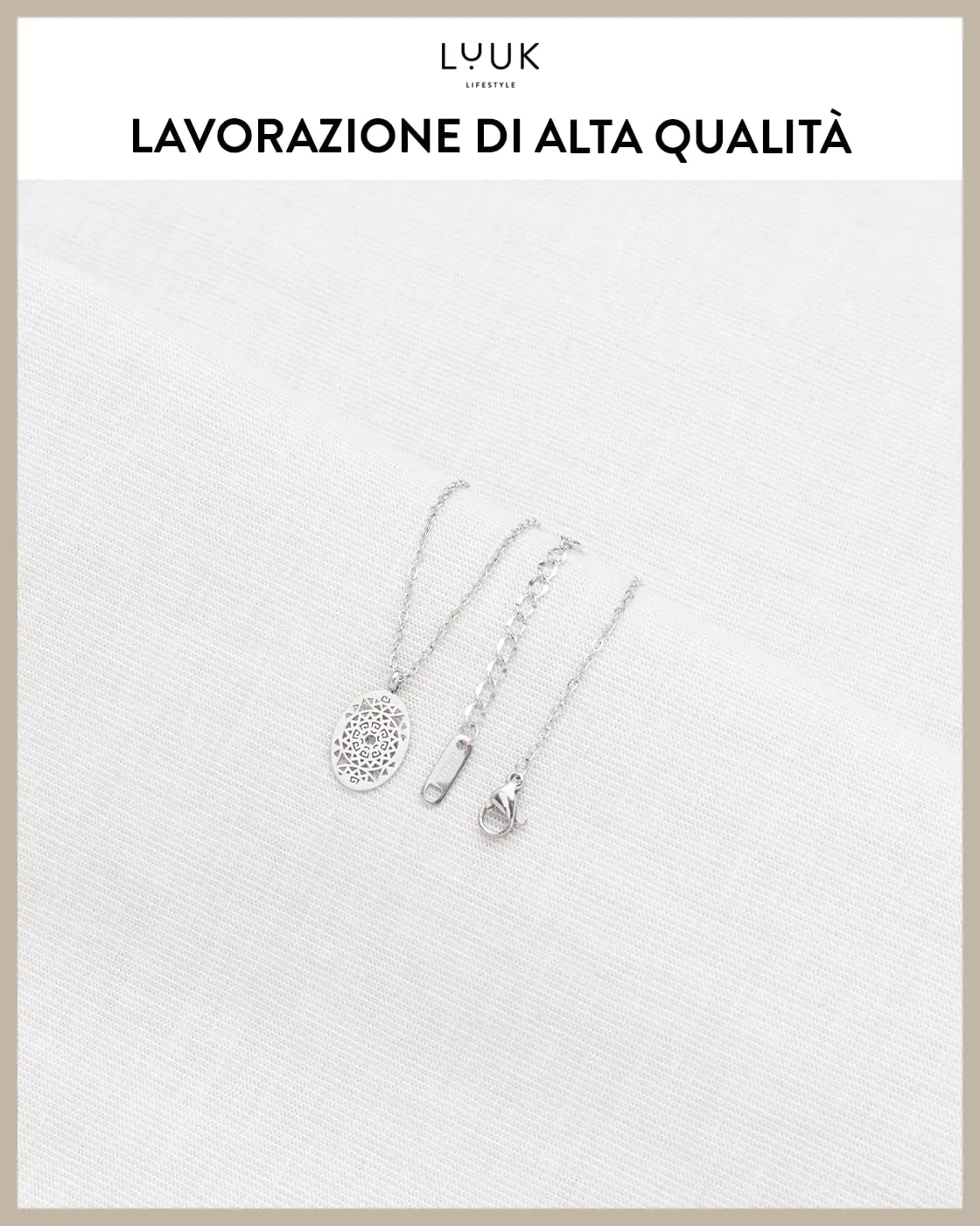 LUUK LIFESTYLE Collana femminile dal design boho per lei, ciondolo ovale con segno Inca, motivo geometrico astratto a mandala, 50 cm, argento - immagine 4