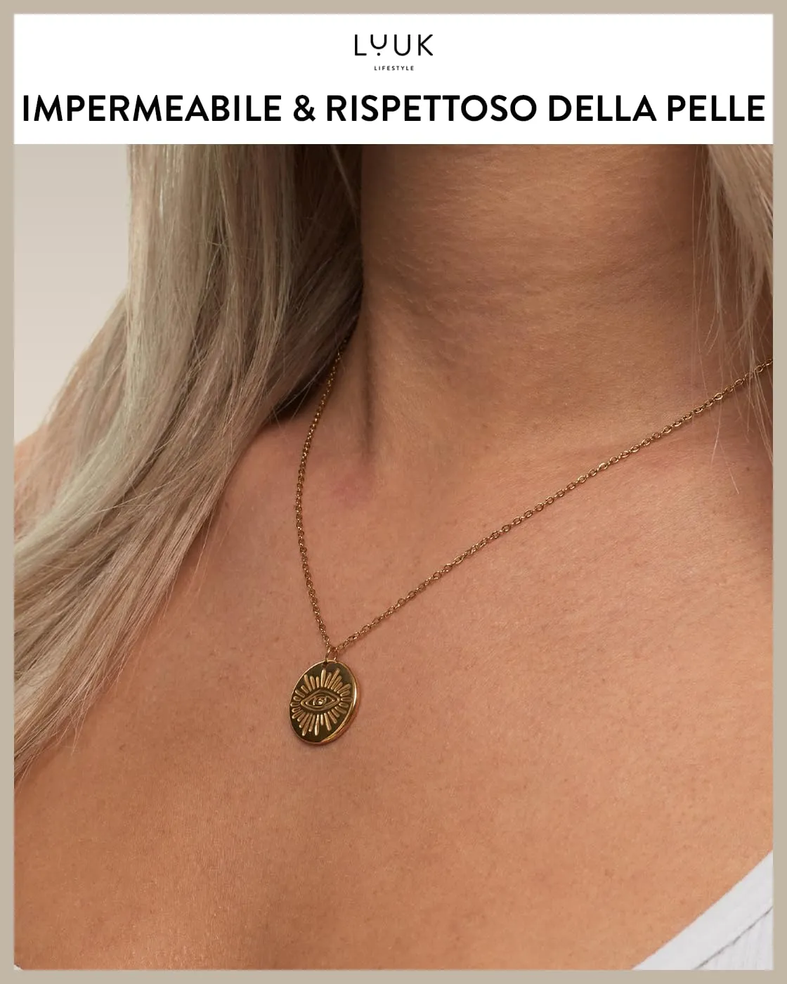 LUUK LIFESTYLE Ciondolo femminile a forma di occhio turco, design minimal, lunghezza regolabile, 50 cm, simbolo orientale di fortuna, oro - immagine 3