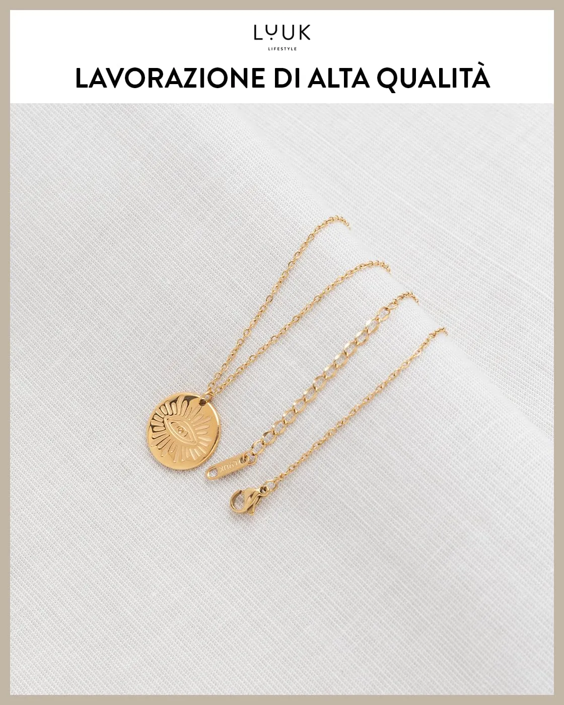 LUUK LIFESTYLE Ciondolo femminile a forma di occhio turco, design minimal, lunghezza regolabile, 50 cm, simbolo orientale di fortuna, oro - immagine 4