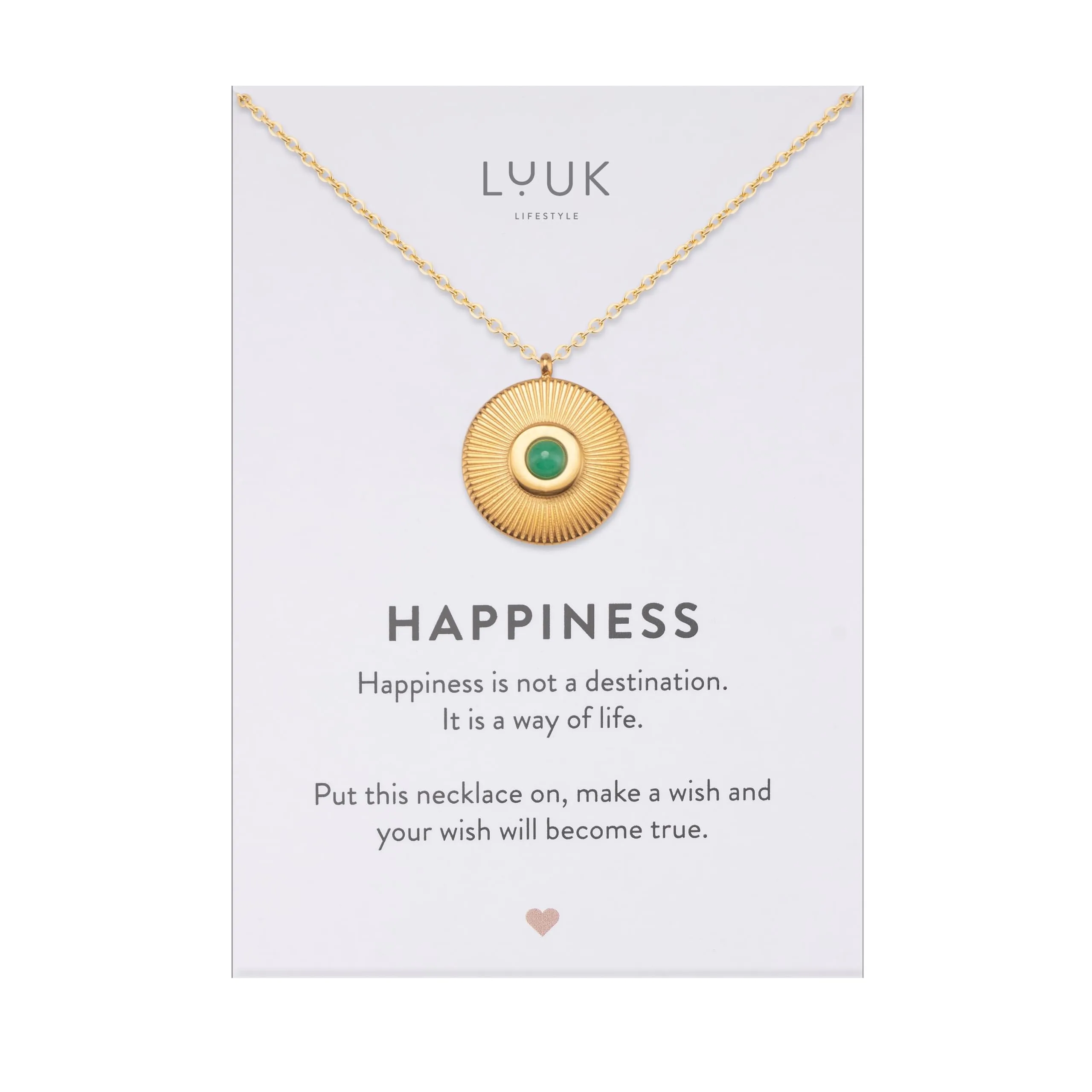 LUUK LIFESTYLE Collana femminile in acciaio inossidabile con ciondolo a forma di moneta e pietra verde, 50 cm, con dedica HAPPINESS, oro - immagine 1