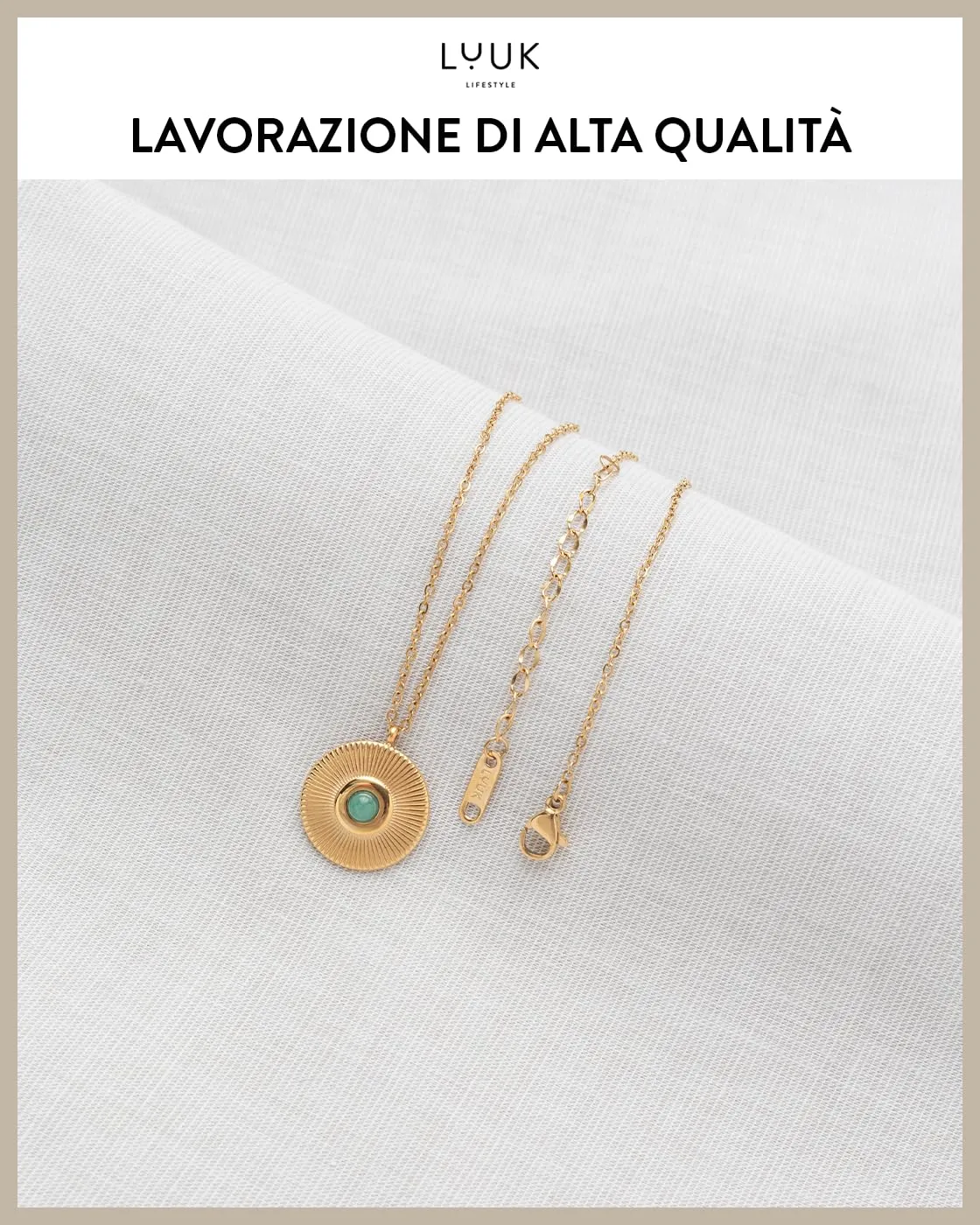LUUK LIFESTYLE Collana femminile in acciaio inossidabile con ciondolo a forma di moneta e pietra verde, 50 cm, con dedica HAPPINESS, oro - immagine 4
