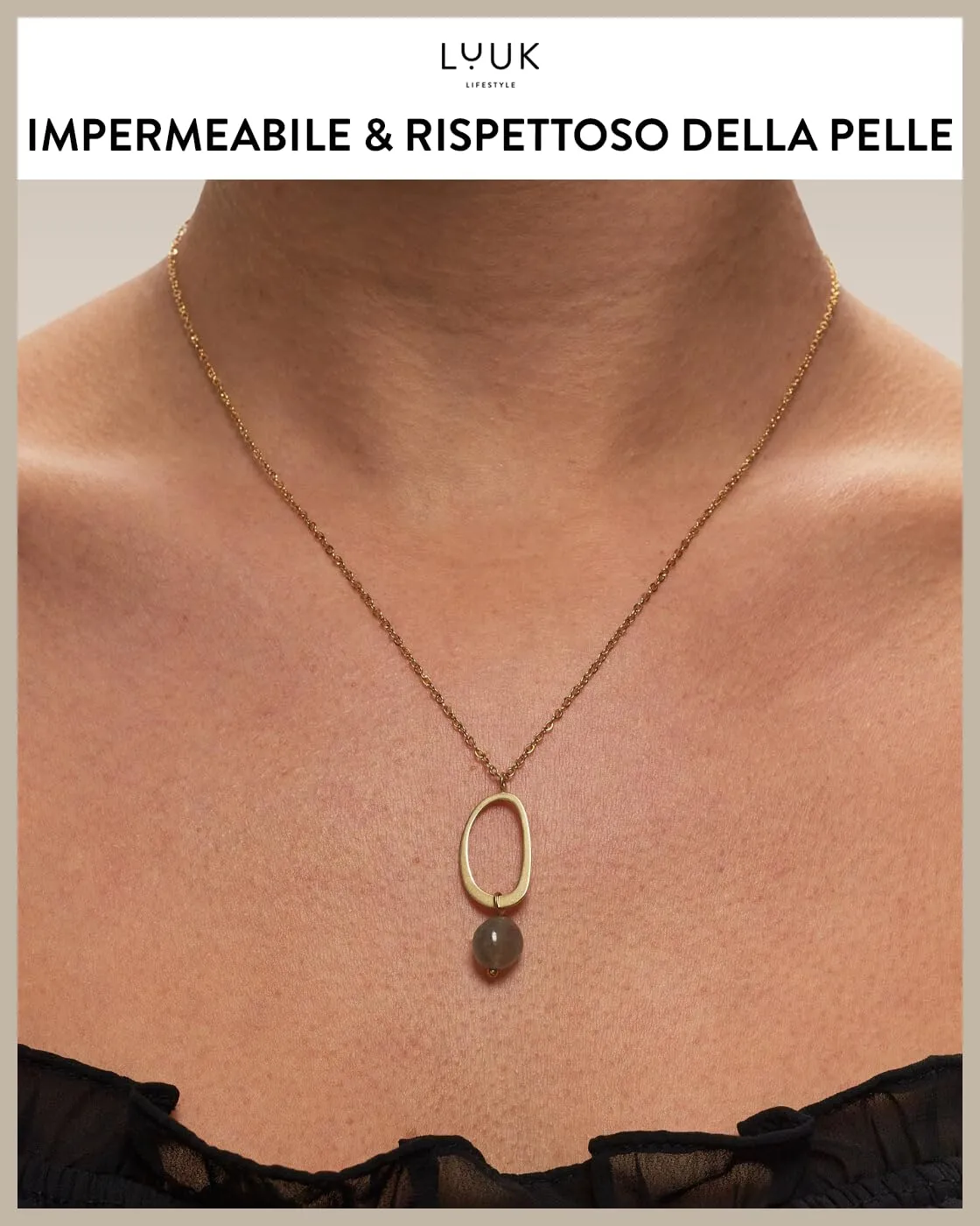 LUUK LIFESTYLE collana da donna in acciaio inossidabile con ciondolo ovale in pietra blu e dedica HAPPINESS, design semplice, 50 cm, oro - immagine 3