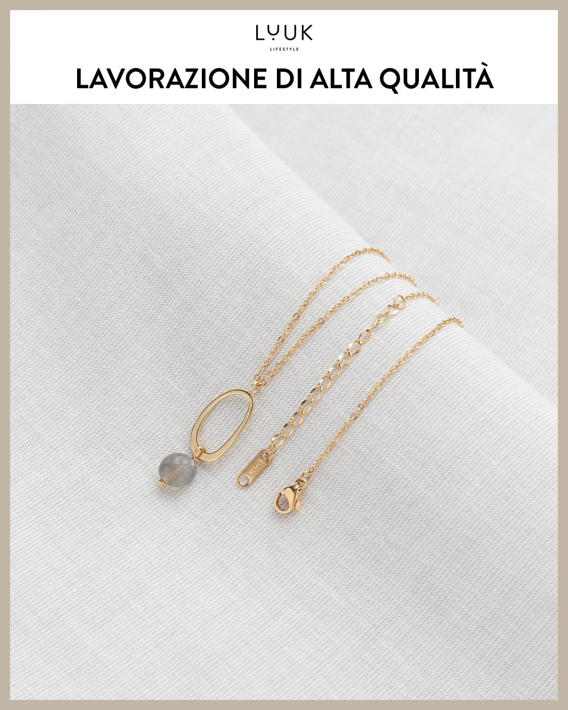 LUUK LIFESTYLE collana da donna in acciaio inossidabile con ciondolo ovale in pietra blu e dedica HAPPINESS, design semplice, 50 cm, oro - immagine 4