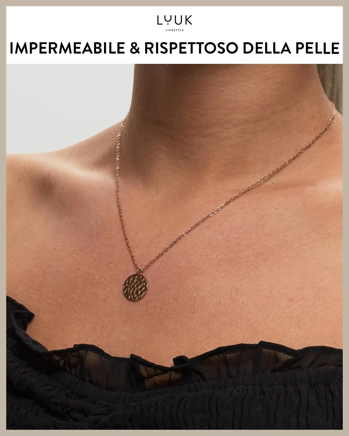 LUUK LIFESTYLE Collana femminile con moneta martellata | luna piena traforata, idea regalo con biglietto d'auguri HAPPINESS, 50 cm, oro rosa - immagine 3