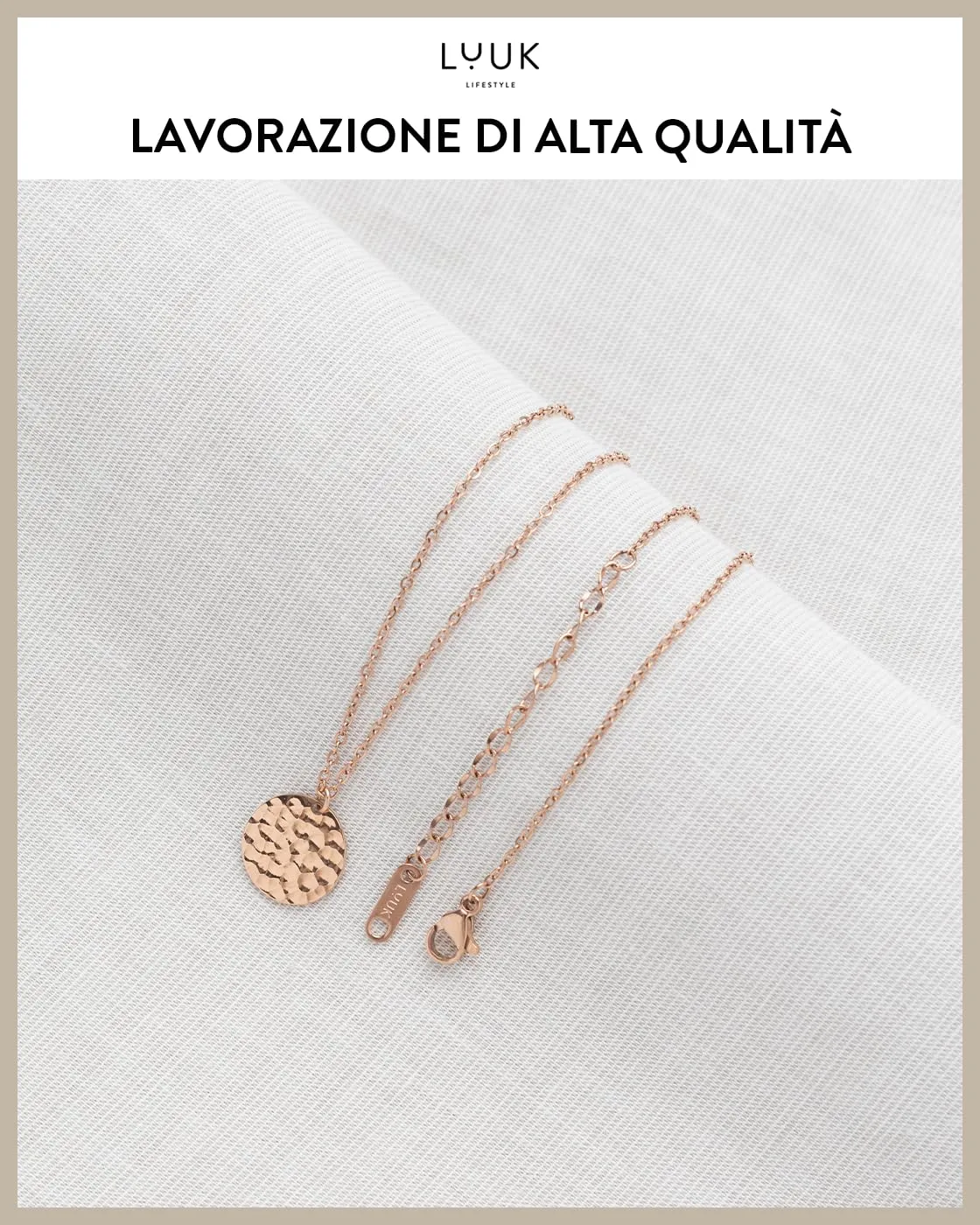 LUUK LIFESTYLE Collana femminile con moneta martellata | luna piena traforata, idea regalo con biglietto d'auguri HAPPINESS, 50 cm, oro rosa - immagine 4