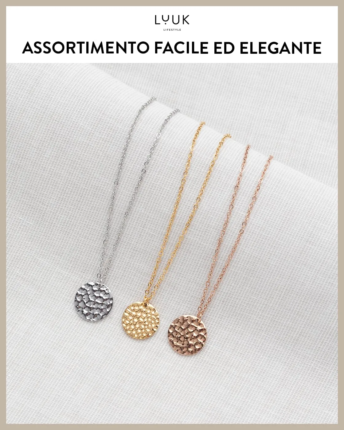 LUUK LIFESTYLE Collana femminile con moneta martellata | luna piena traforata, idea regalo con biglietto d'auguri HAPPINESS, 50 cm, oro rosa - immagine 6