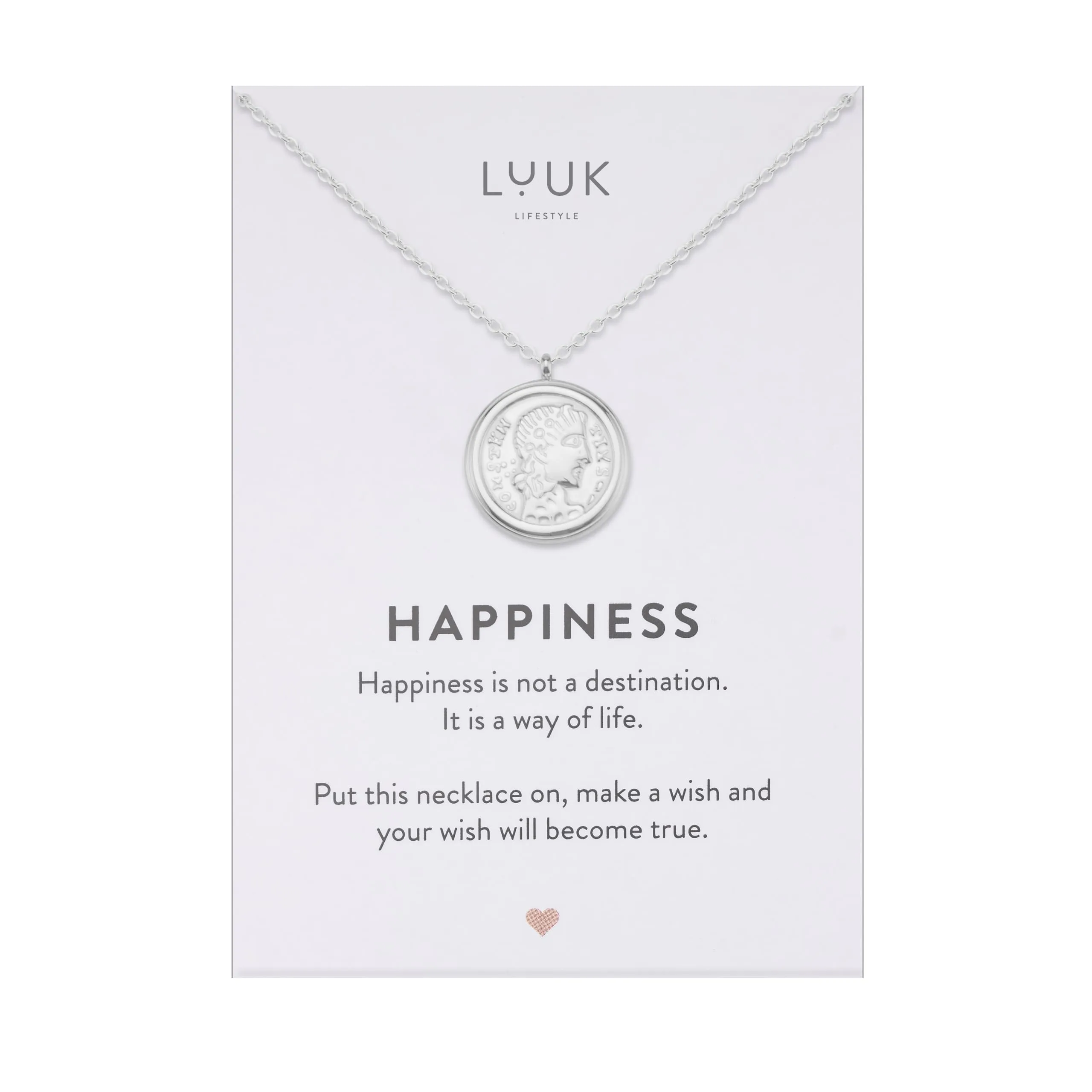 LUUK LIFESTYLE Collana con ciondolo a forma di moneta Cleopatra, simbolo di bellezza e ideale femminile, con biglietto HAPPINESS, argento - immagine 1