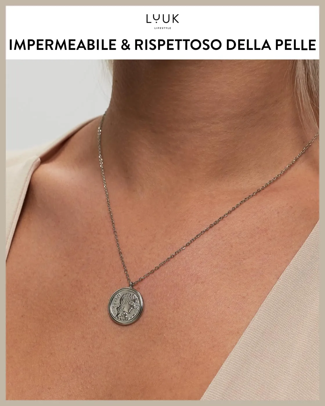 LUUK LIFESTYLE Collana con ciondolo a forma di moneta Cleopatra, simbolo di bellezza e ideale femminile, con biglietto HAPPINESS, argento - immagine 3