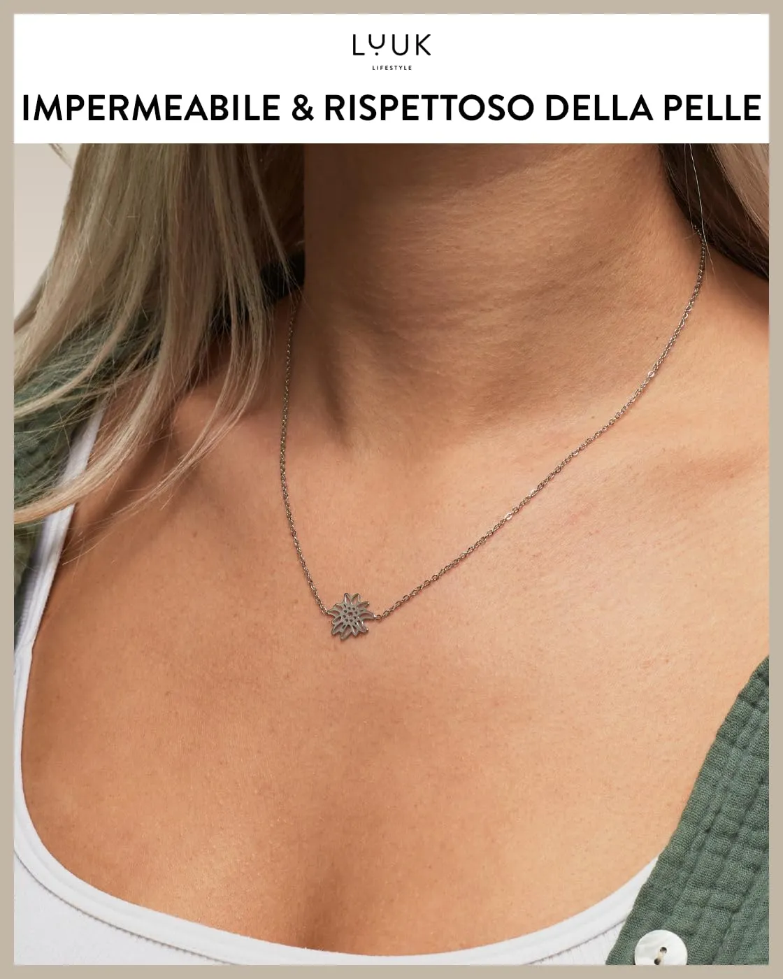 LUUK LIFESTYLE Collana con Ciondolo Stella Alpina in Acciaio Inossidabile e carta HAPPINESS, Gioielli Donna, Amicizia, Amore, Regali per Lei, Madre, Natale, Portafortuna, Argento (50cm c.) - immagine 3