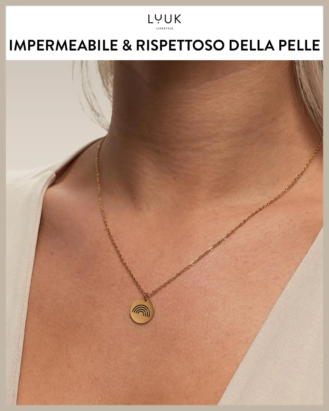 LUUK LIFESTYLE semplice collana da donna con ciondolo Rainbow e dedica HAPPINESS, in acciaio inossidabile e impermeabile, oro - immagine 3