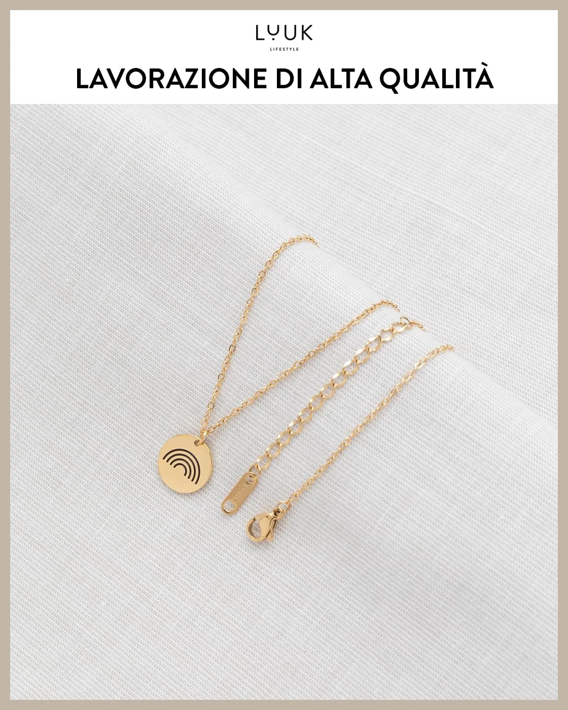 LUUK LIFESTYLE semplice collana da donna con ciondolo Rainbow e dedica HAPPINESS, in acciaio inossidabile e impermeabile, oro - immagine 4