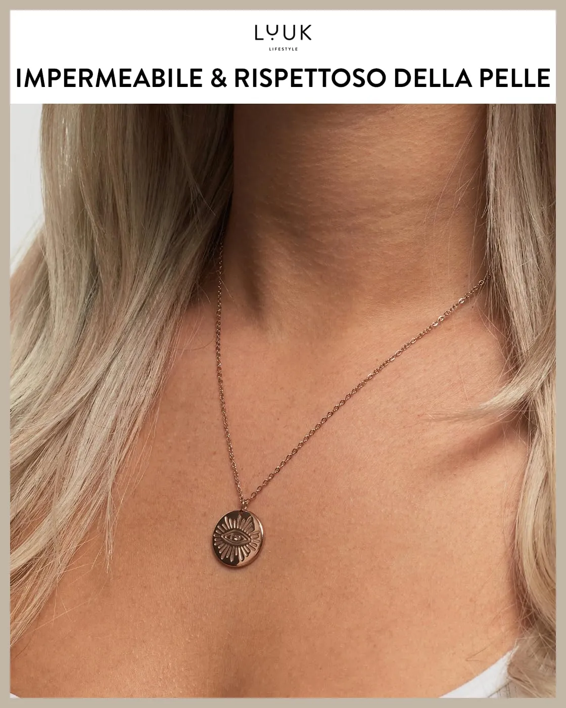 LUUK LIFESTYLE Collana moneta Nazar Eye I Placchetta in acciaio inossidabile, simbolo antico e portafortuna arabo del malocchio, oro rosa - immagine 3