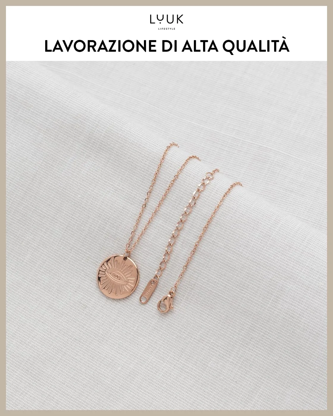 LUUK LIFESTYLE Collana moneta Nazar Eye I Placchetta in acciaio inossidabile, simbolo antico e portafortuna arabo del malocchio, oro rosa - immagine 4