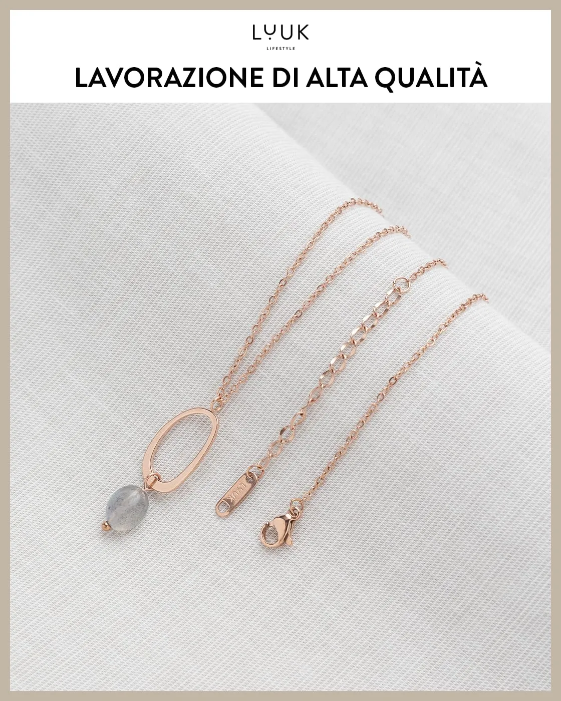 LUUK LIFESTYLE Collana femminile con gemma blu, stile discreto e chic, acciaio inossidabile impermeabile e delicato sulla pelle, oro rosa - immagine 4