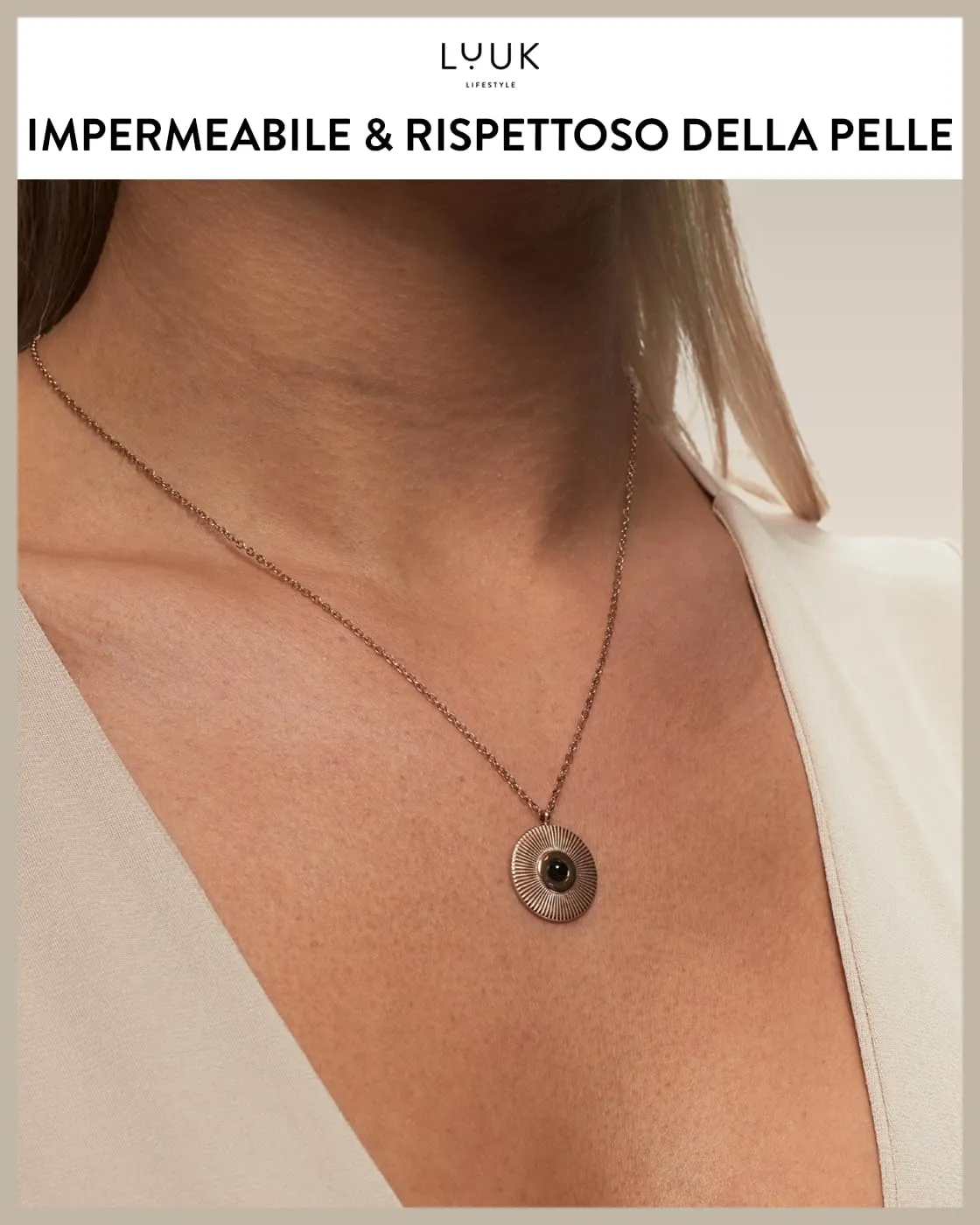 LUUK LIFESTYLE Collana da donna in acciaio inossidabile filigranato con placchetta rigata e cuore nero, lunghezza regolabile, rosa - immagine 3