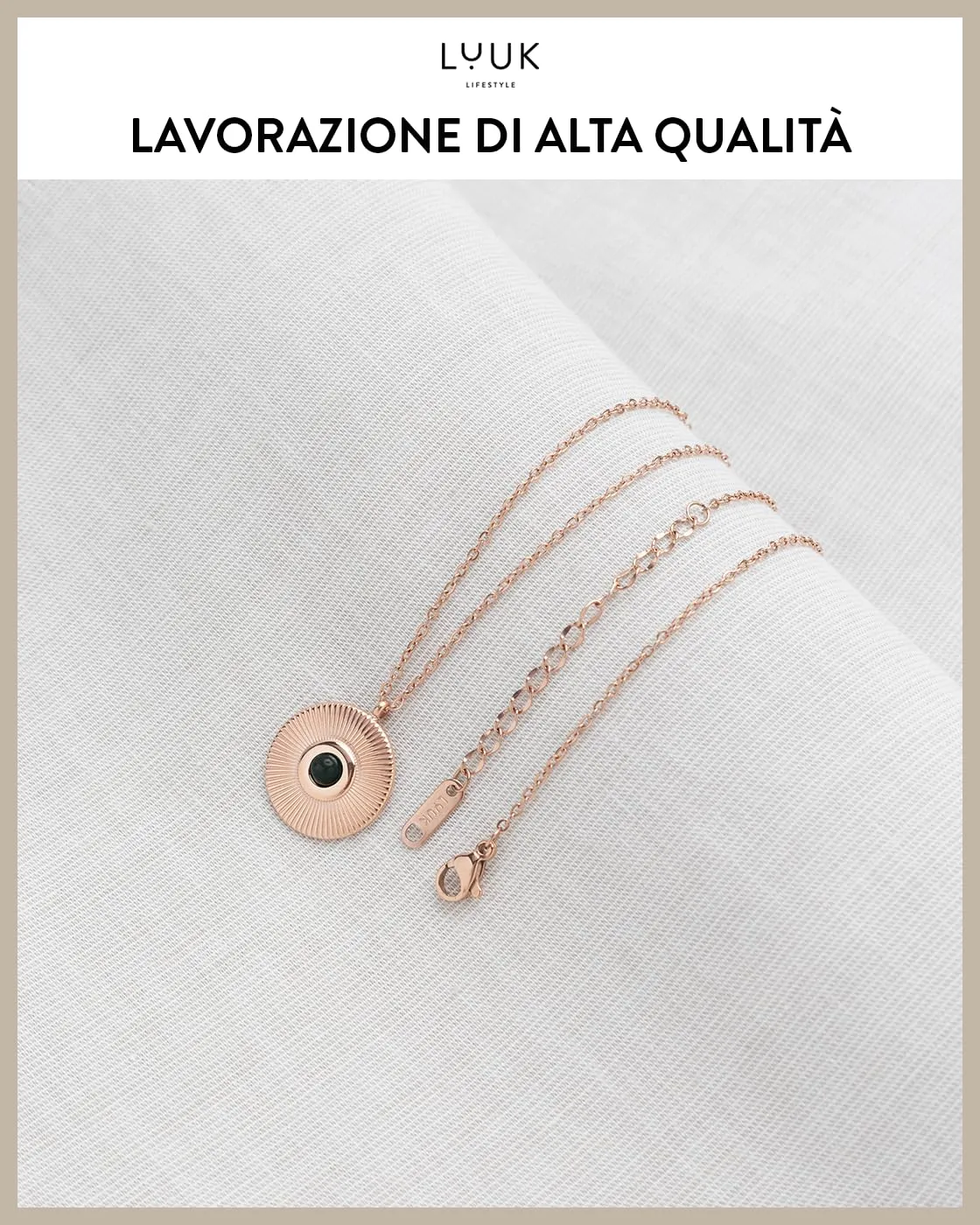 LUUK LIFESTYLE Collana da donna in acciaio inossidabile filigranato con placchetta rigata e cuore nero, lunghezza regolabile, rosa - immagine 4