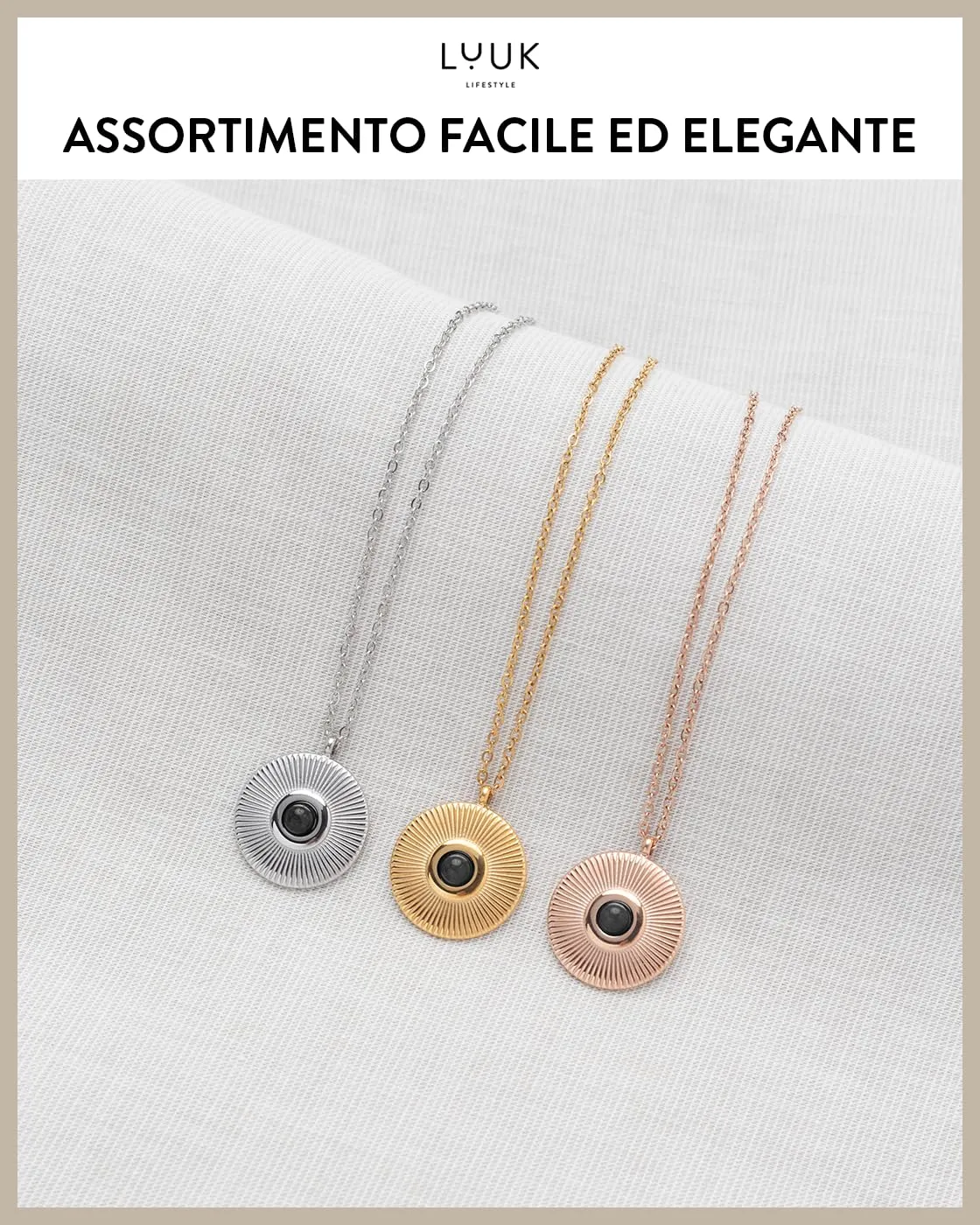 LUUK LIFESTYLE Collana da donna in acciaio inossidabile filigranato con placchetta rigata e cuore nero, lunghezza regolabile, rosa - immagine 5