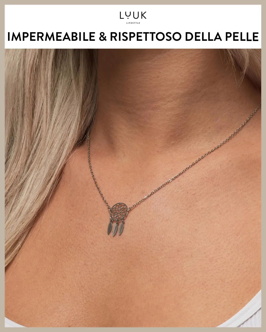 LUUK LIFESTYLE collana semplice con ciondolo acchiappasogni, lunghezza regolabile e in acciaio inossidabile, 50 cm, talismano, argento - immagine 3
