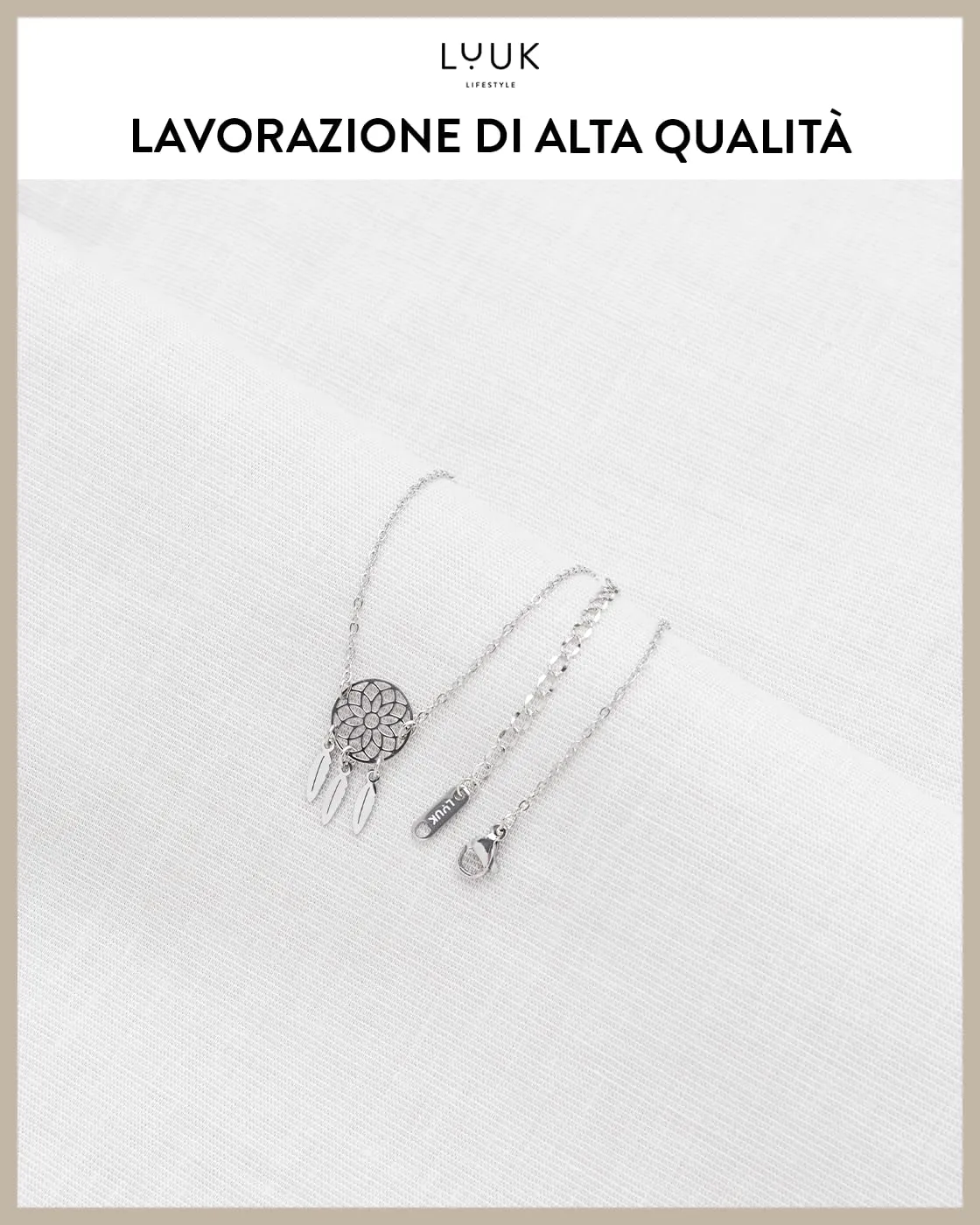 LUUK LIFESTYLE collana semplice con ciondolo acchiappasogni, lunghezza regolabile e in acciaio inossidabile, 50 cm, talismano, argento - immagine 4