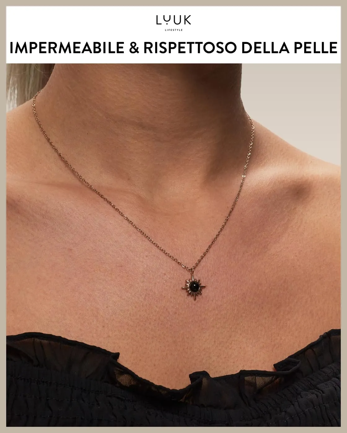 LUUK LIFESTYLE Collana femminile con Stella polare e dedica HAPPINESS, in acciaio inossidabile resistente e delicato sulla pelle, oro rosa - immagine 3
