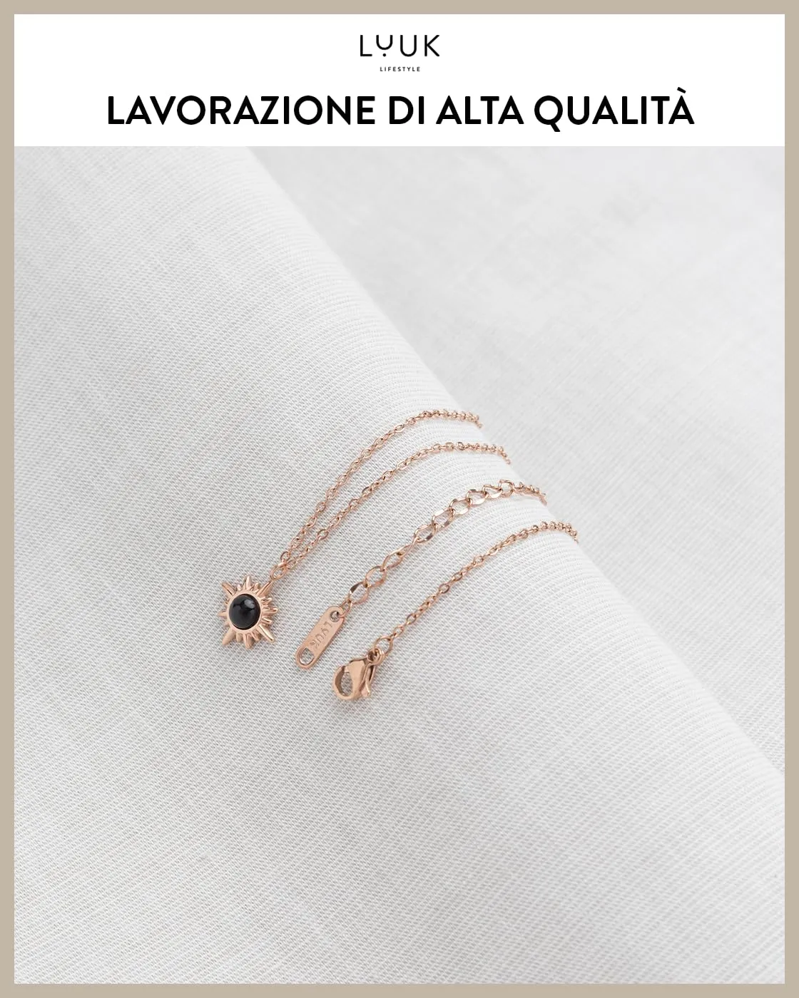 LUUK LIFESTYLE Collana femminile con Stella polare e dedica HAPPINESS, in acciaio inossidabile resistente e delicato sulla pelle, oro rosa - immagine 4