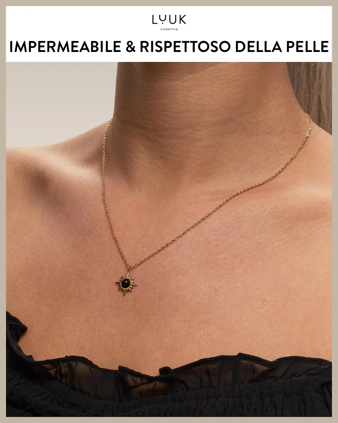 LUUK LIFESTYLE Collana con ciondolo Stella Polare I Sole in pietra nera, accessorio di moda discreto con catena regolabile, 50 cm, oro - immagine 3