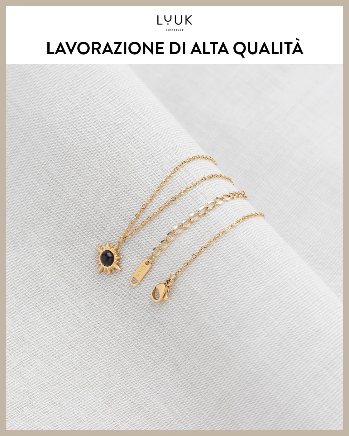 LUUK LIFESTYLE Collana con ciondolo Stella Polare I Sole in pietra nera, accessorio di moda discreto con catena regolabile, 50 cm, oro - immagine 4