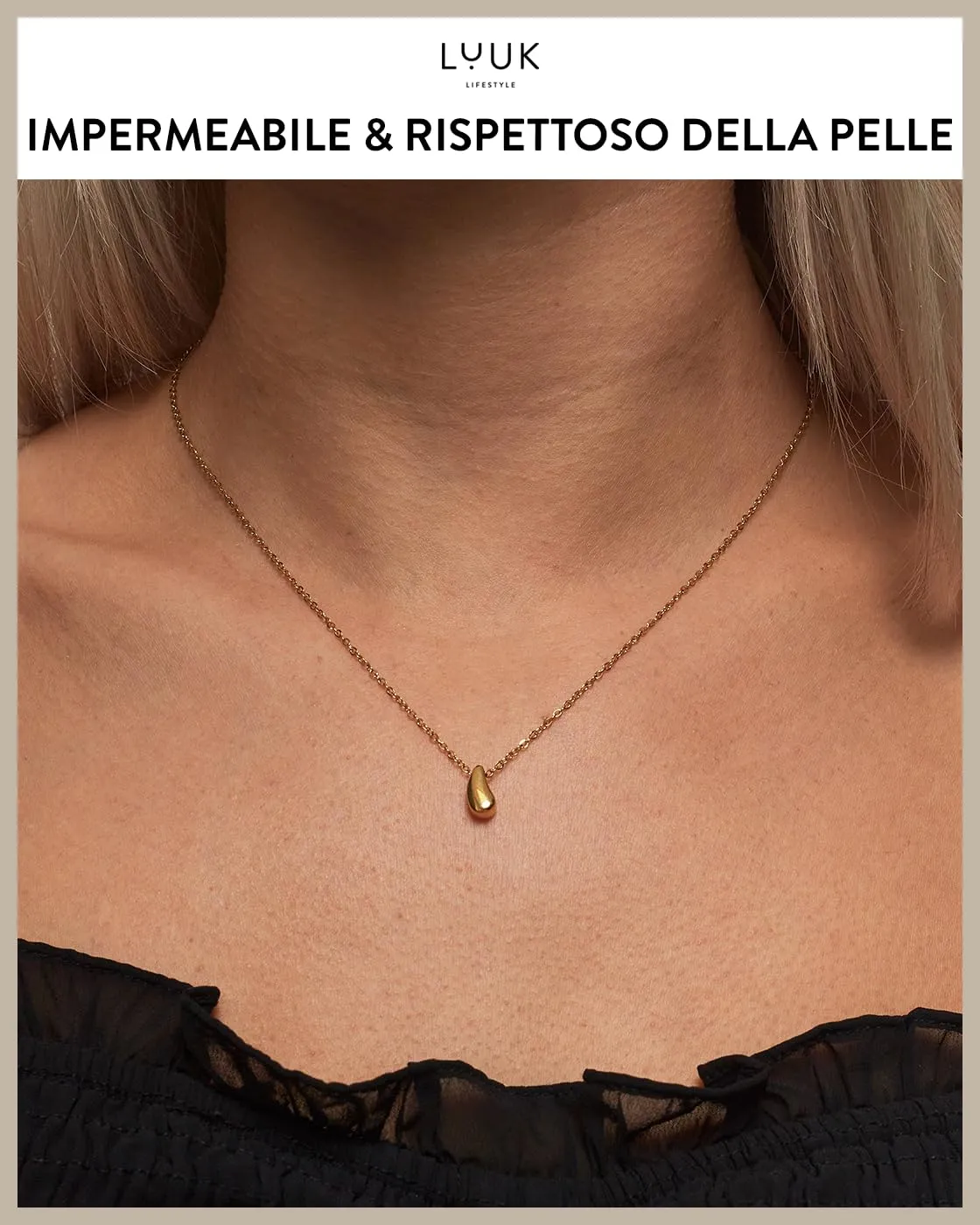 LUUK LIFESTYLE Collana femminile con ciondolo a forma di goccia d'acqua | Lacrima, in acciaio inossidabile e in filigrana, idea regalo, oro - immagine 3