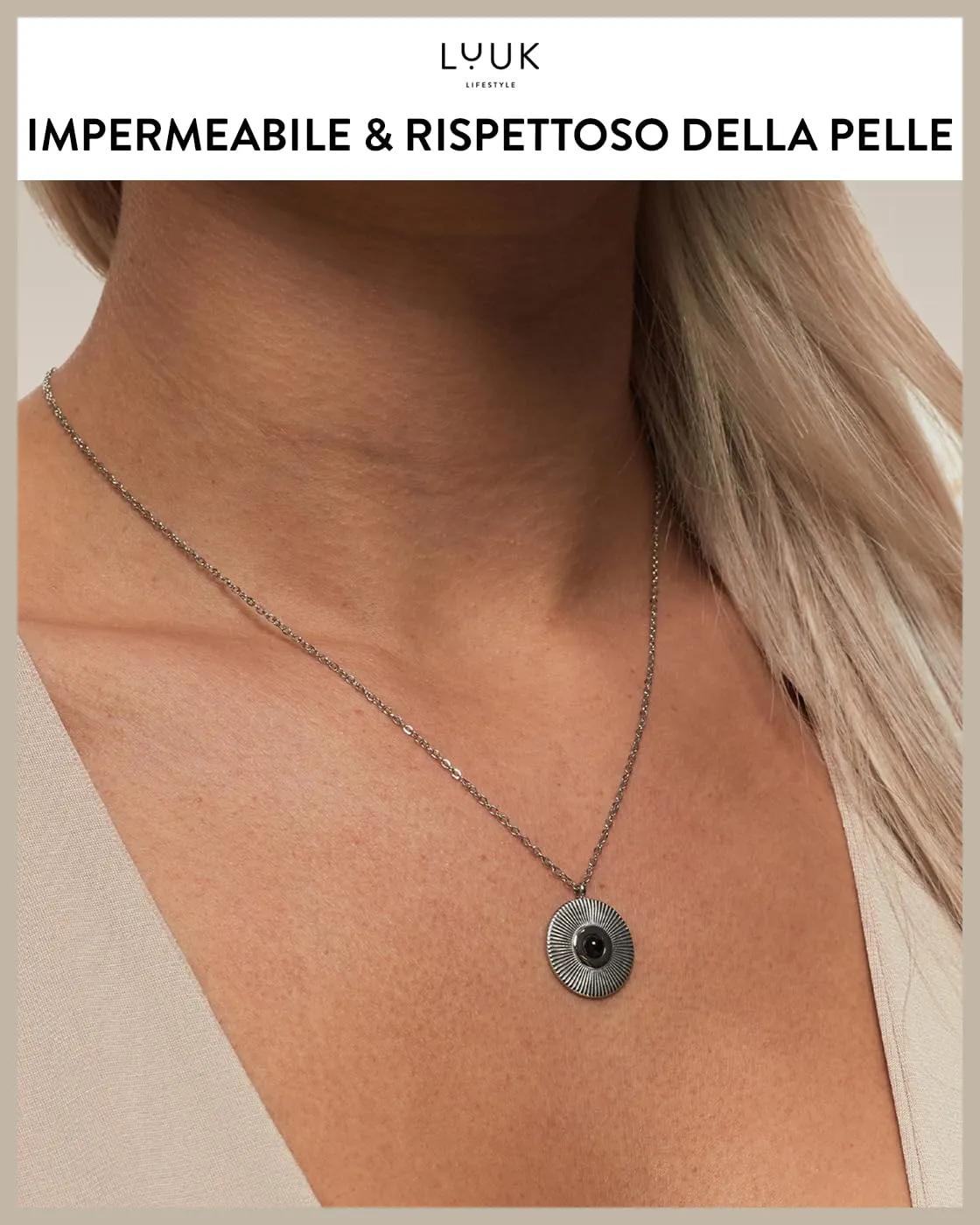 LUUK LIFESTYLE Collana da donna con dedica HAPPINESS e cuore in pietra blu oceano, moneta a conchiglia, argento - immagine 3