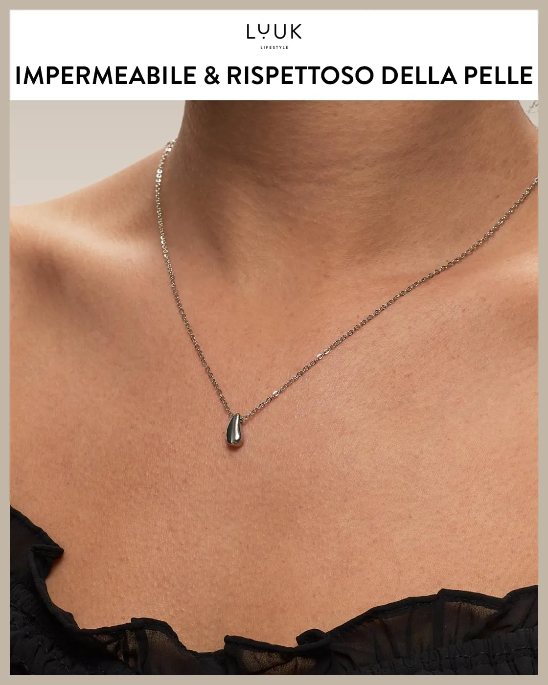 LUUK LIFESTYLE collana semplice con ciondolo a forma di lacrima d'angelo Raindrop I con messaggio HAPPINESS, per pelli sensibili, argento - immagine 3