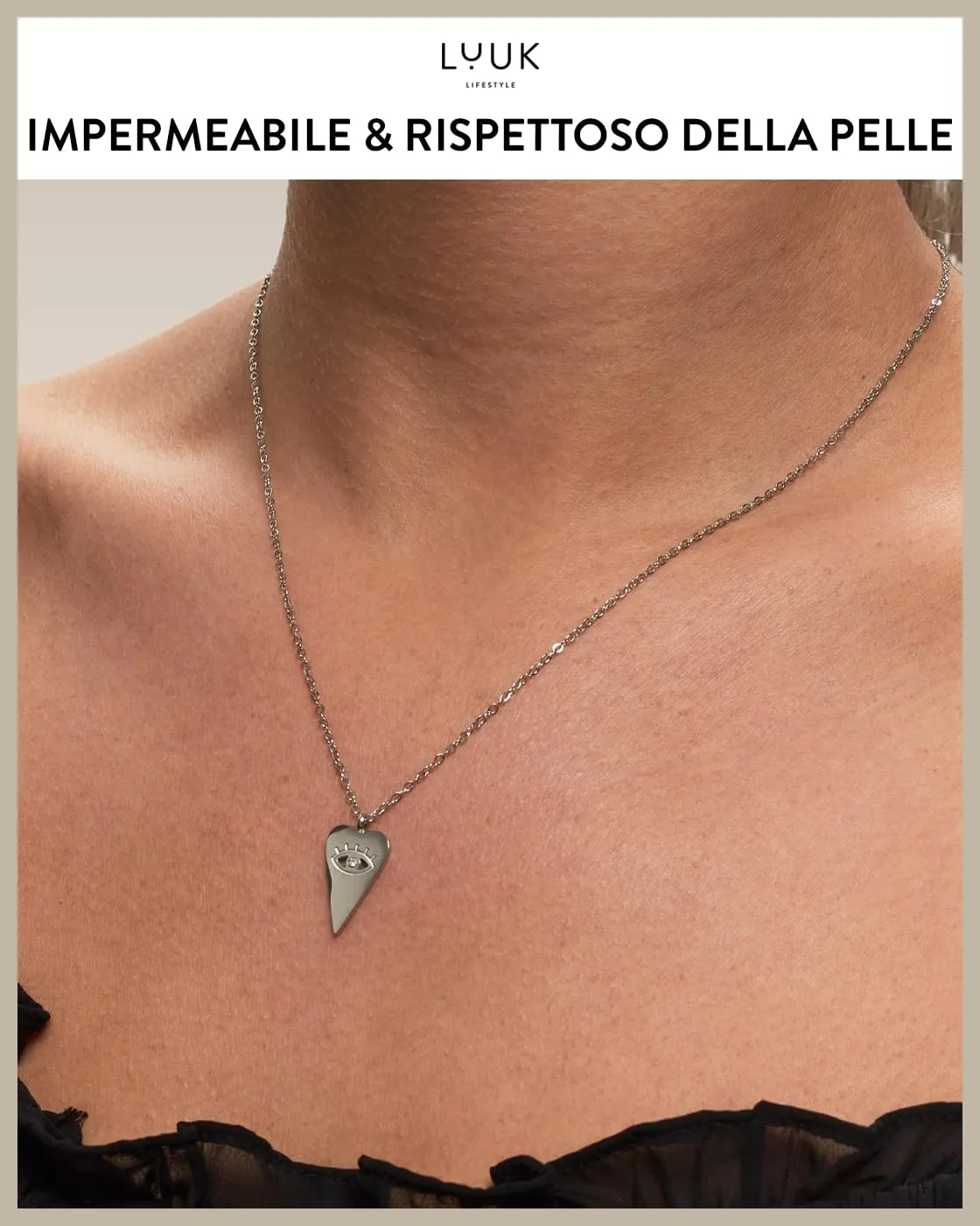 LUUK LIFESTYLE Collana con piastrina a cuore e occhio di Nazar, simbolo d'amore e portafortuna, dedica HAPPINESS, 50 cm, femminile, argento - immagine 3