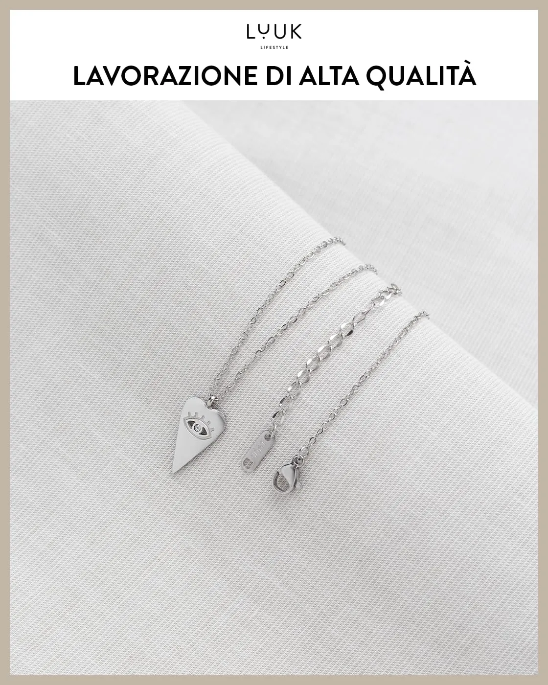 LUUK LIFESTYLE Collana con piastrina a cuore e occhio di Nazar, simbolo d'amore e portafortuna, dedica HAPPINESS, 50 cm, femminile, argento - immagine 4