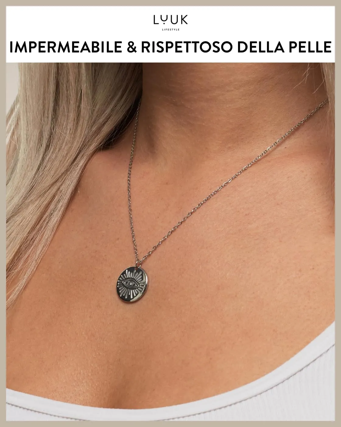 LUUK LIFESTYLE Collana da donna in acciaio inossidabile con moneta dell'occhio di Nazar, talismano protettivo, 50 cm, argento - immagine 3