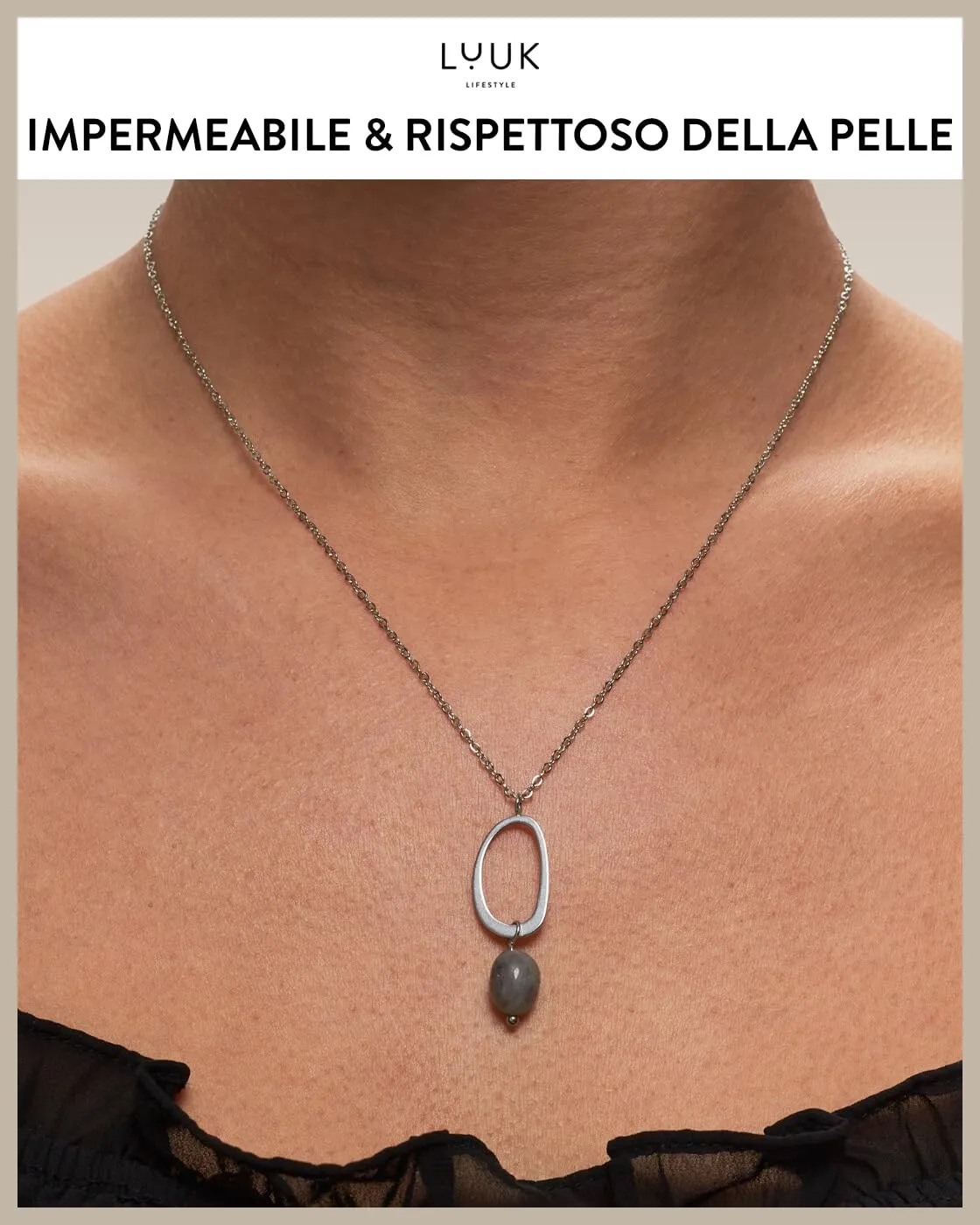 LUUK LIFESTYLE collana semplice con anello e ciondolo in pietra blu, per pelli sensibili, acciaio inossidabile resistente, 50 cm, argento - immagine 3
