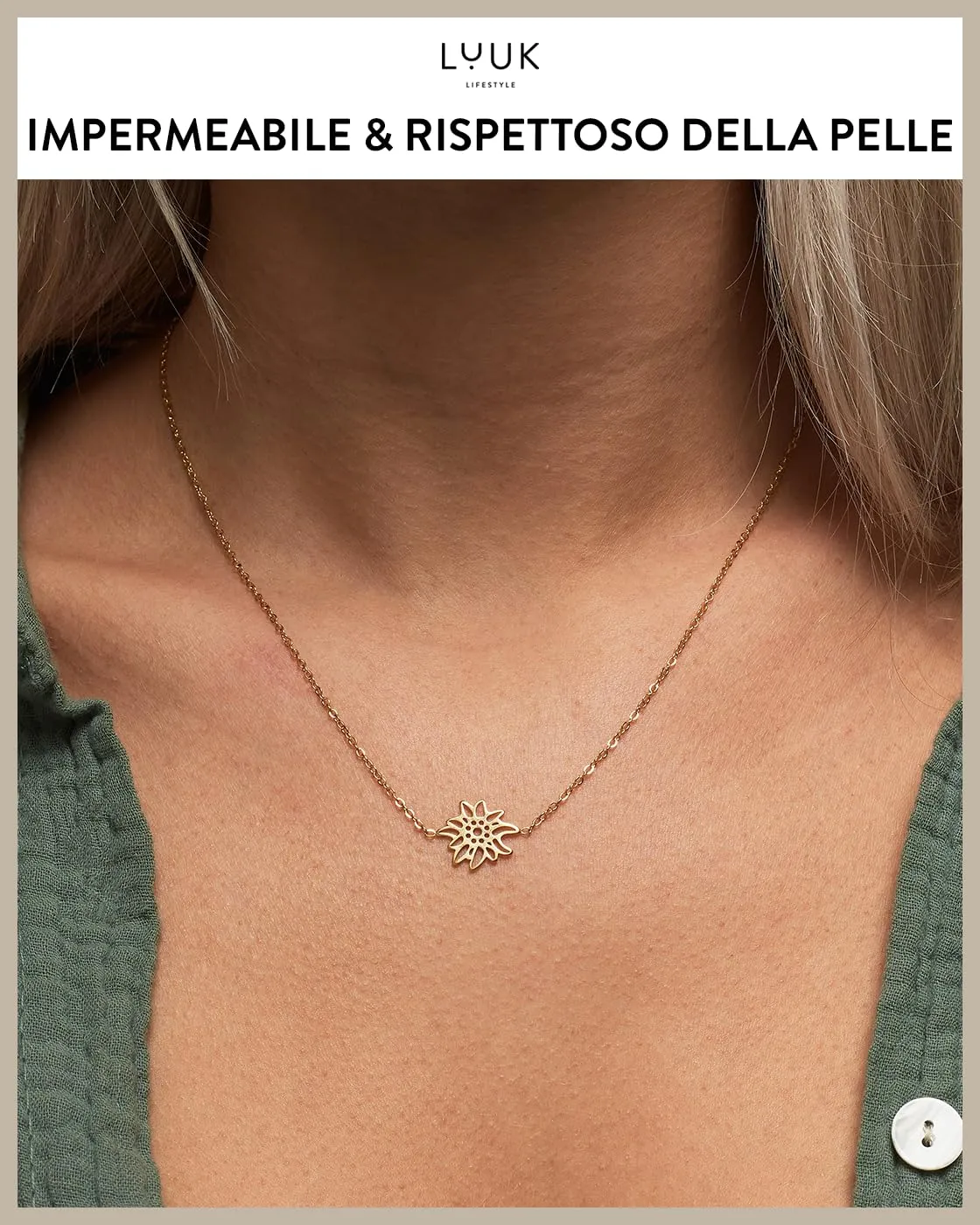 LUUK LIFESTYLE Collana in acciaio inossidabile con ciondolo a forma di fiore di montagna, idea regalo per donne e appassionati escursionisti di montagna, oro - immagine 3
