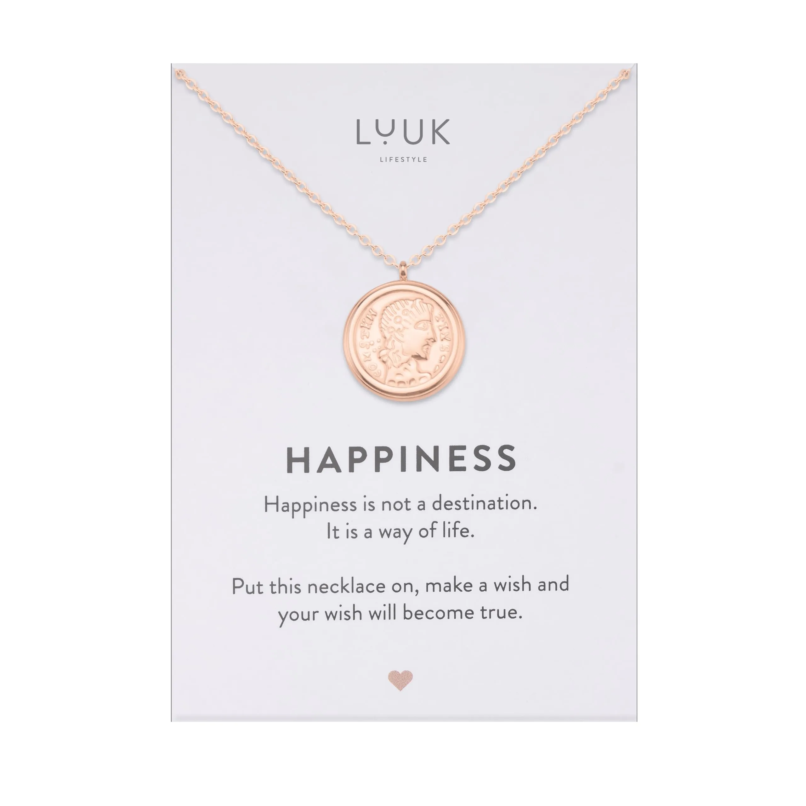 LUUK LIFESTYLE Collana in stile antico con ciondolo a moneta Cleopatra, medaglione portafortuna, dedica HAPPINESS, oro rosa - immagine 1