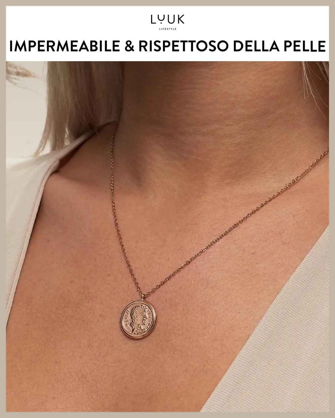 LUUK LIFESTYLE Collana in stile antico con ciondolo a moneta Cleopatra, medaglione portafortuna, dedica HAPPINESS, oro rosa - immagine 3