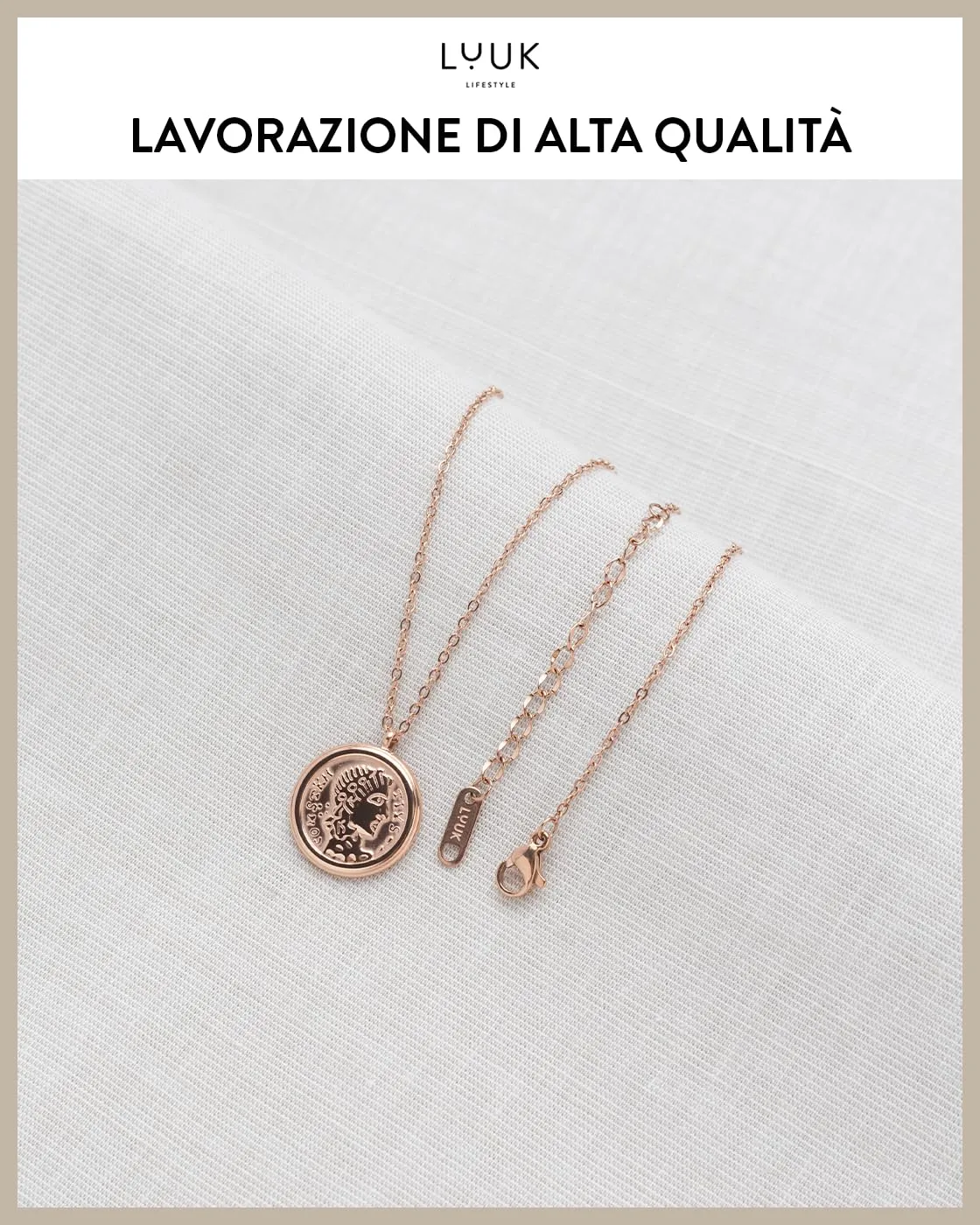 LUUK LIFESTYLE Collana in stile antico con ciondolo a moneta Cleopatra, medaglione portafortuna, dedica HAPPINESS, oro rosa - immagine 4