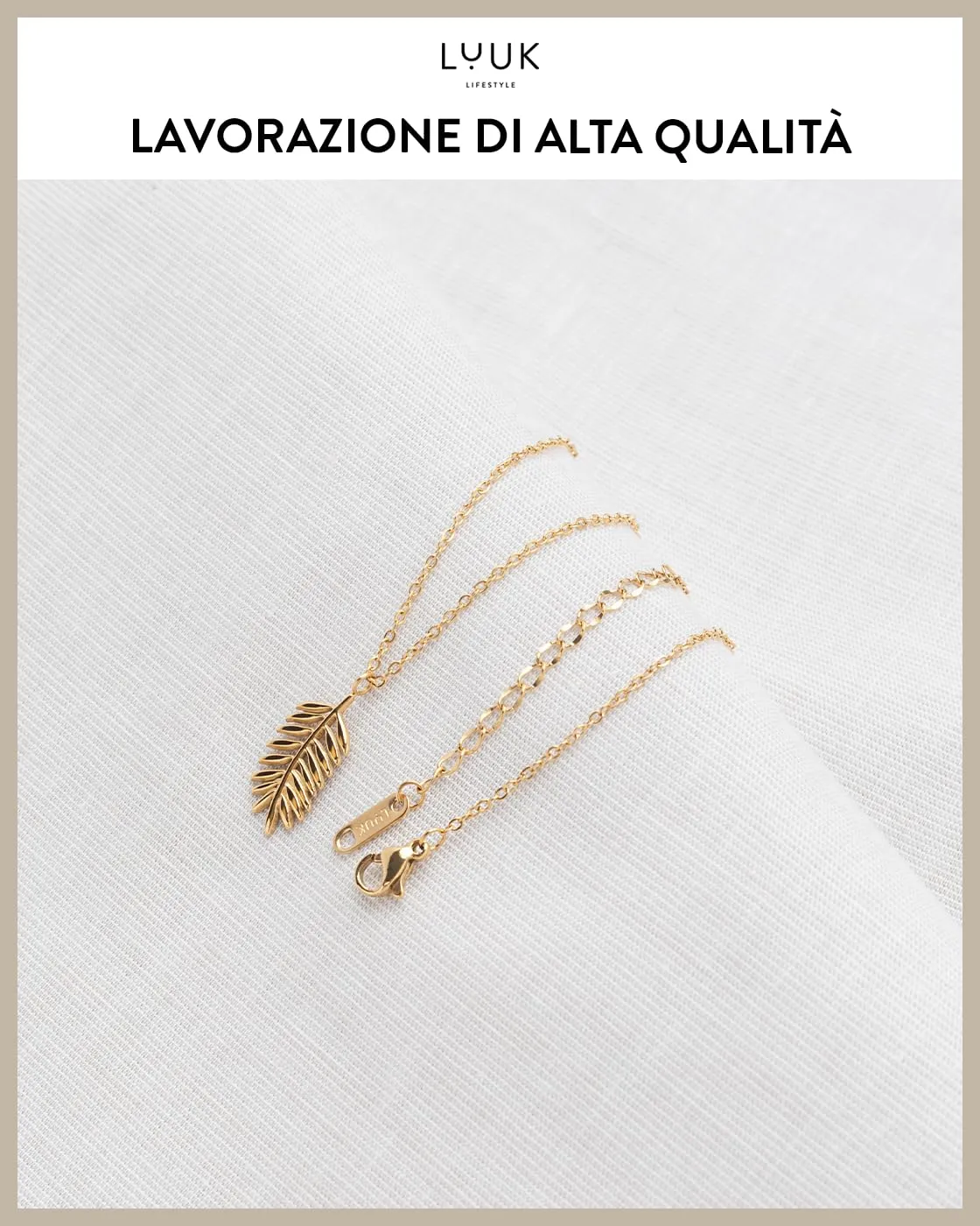 LUUK LIFESTYLE collana femminile con biglietto d'auguri HAPPINESS e ciondolo a forma di ramo d'ulivo, simbolo di natura, 50cm, oro - immagine 4