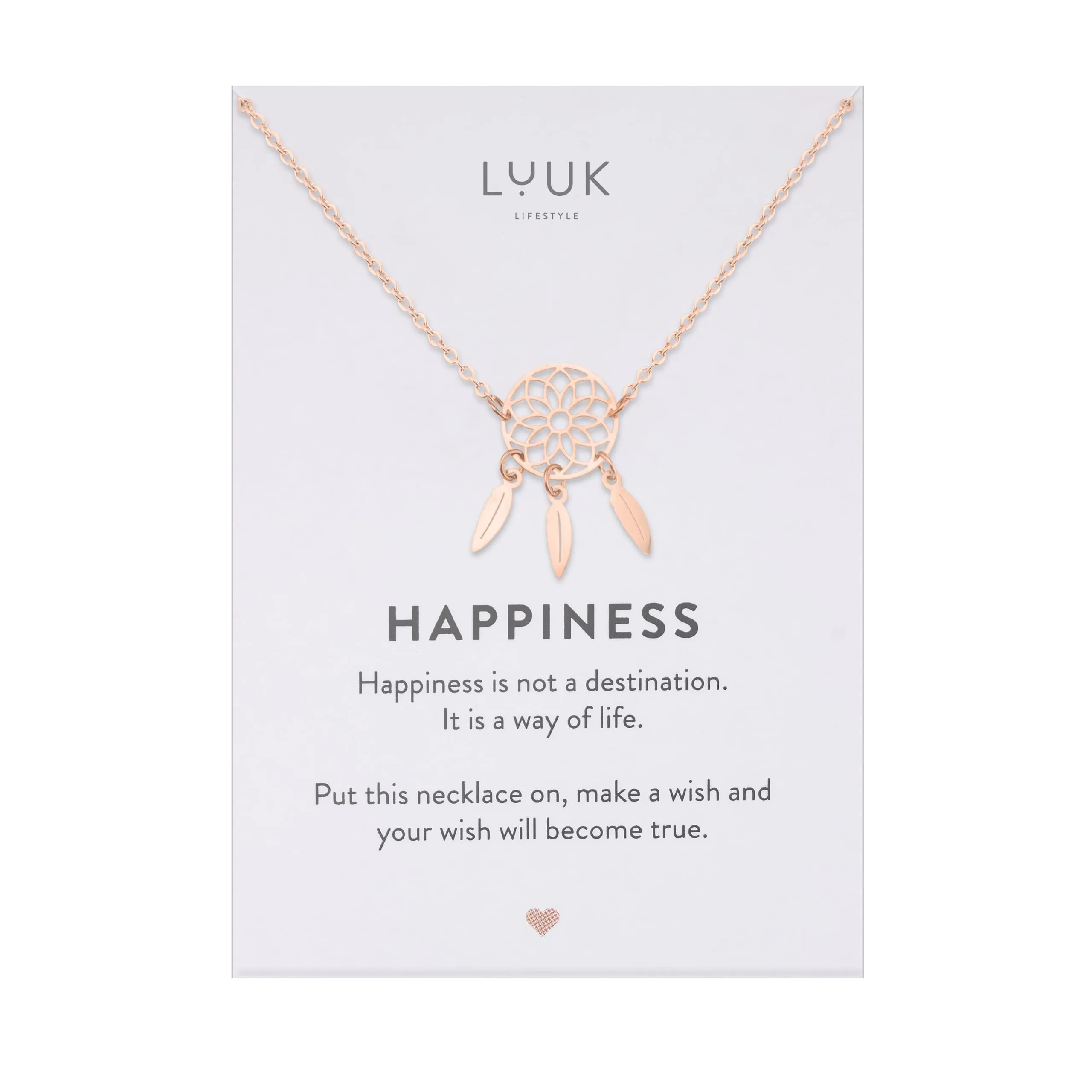 LUUK LIFESTYLE Collana portafortuna con ciondolo acchiappasogni I Dream catcher e dedica HAPPINESS, portafortuna, rosa - immagine 1
